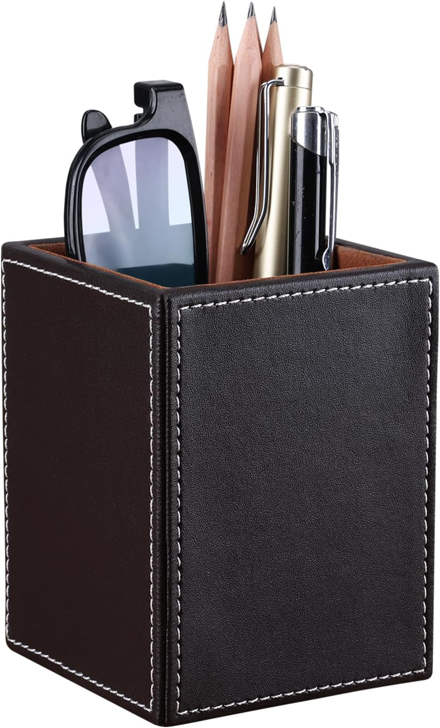 ™ Double Holder Wood Leather Multi-Function Desk Stationery Organizer Dark Brown