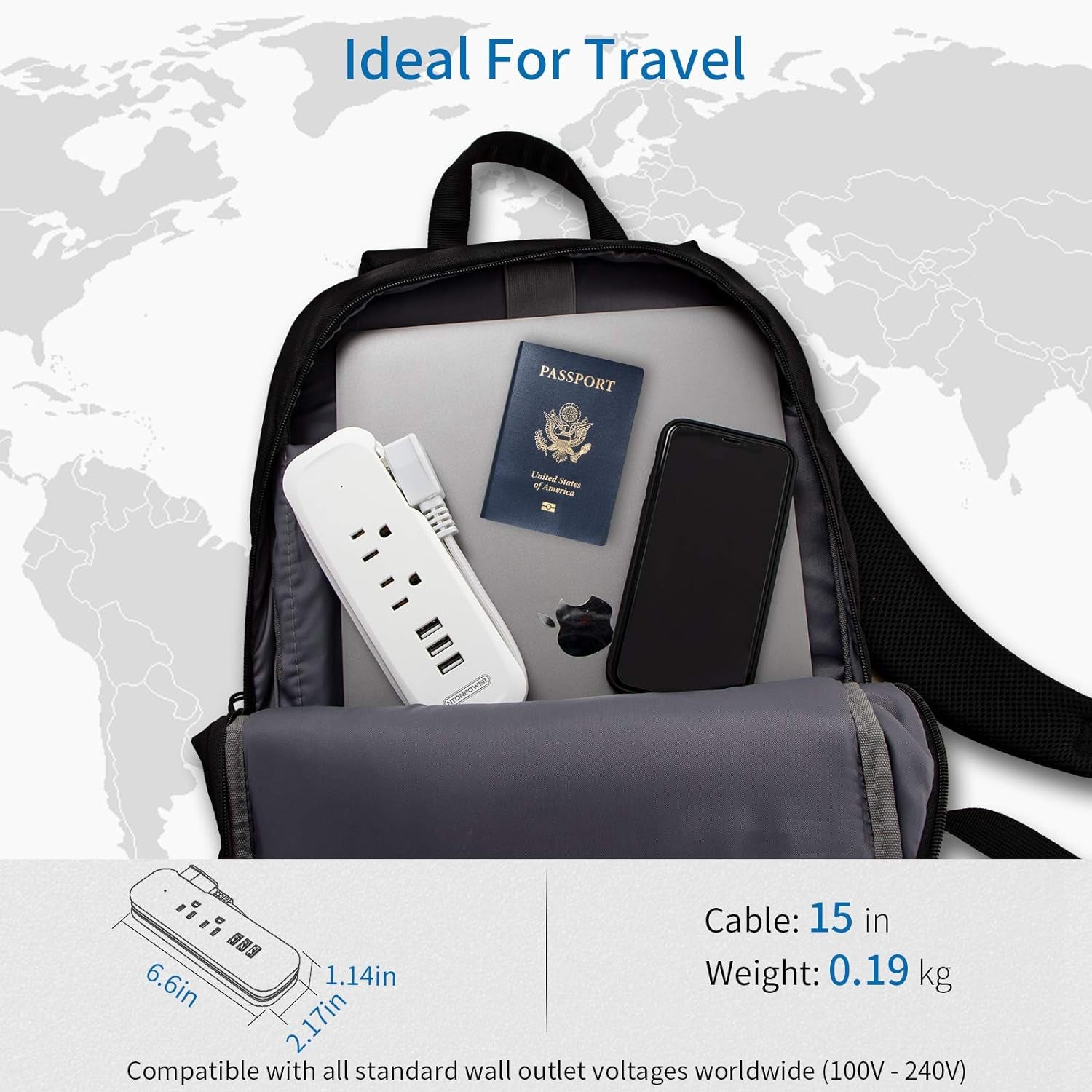 Travel Power Strip with USB -  2 Outlets 3 USB Portable Desktop Charging Station, 15 Inches Wrapped Short Extension Cord for Hotels, Cruise, Nightstand, Airports, Conference Room - White