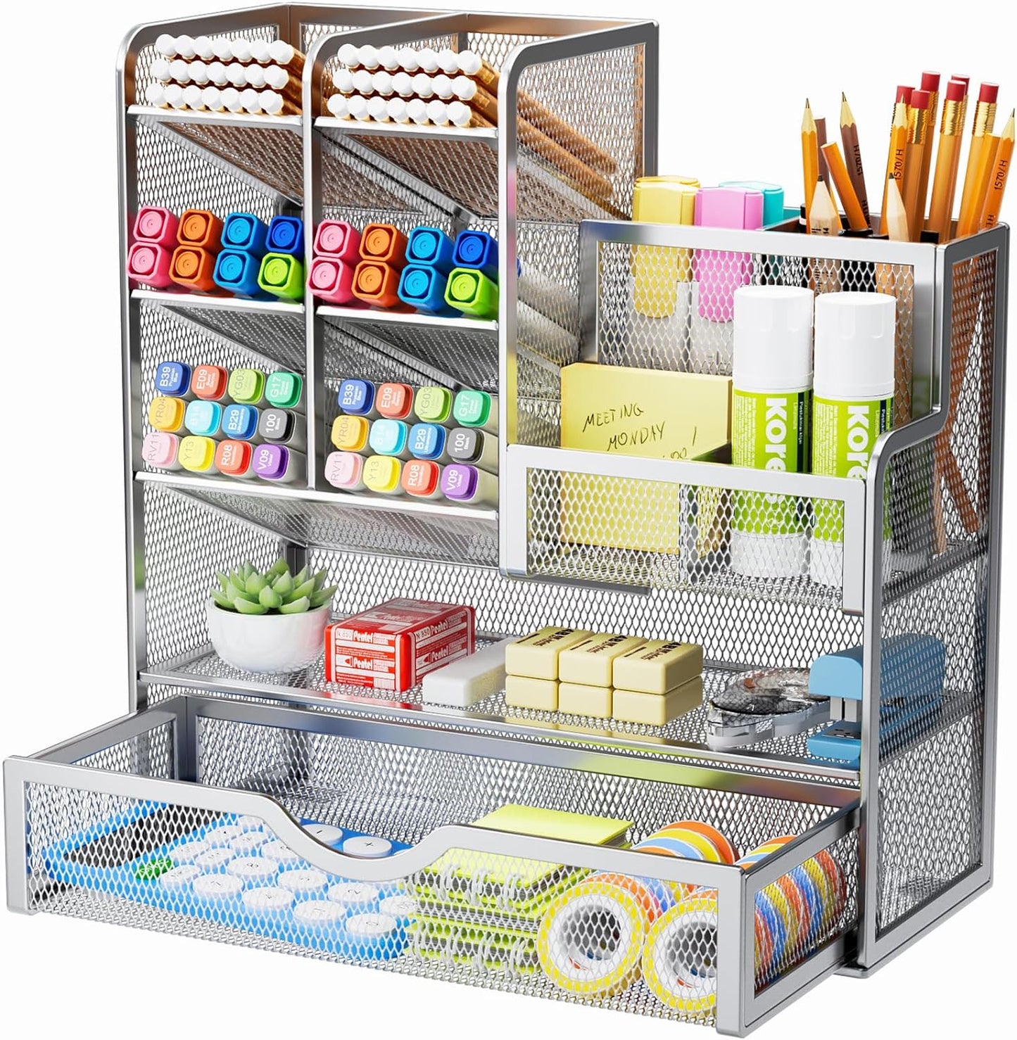 Mesh Pen Holder for Desk, Multi-Functional Pencil Organizer with Drawer, Desk Organizers and Accessories for Office Art Supplies (Large Black)