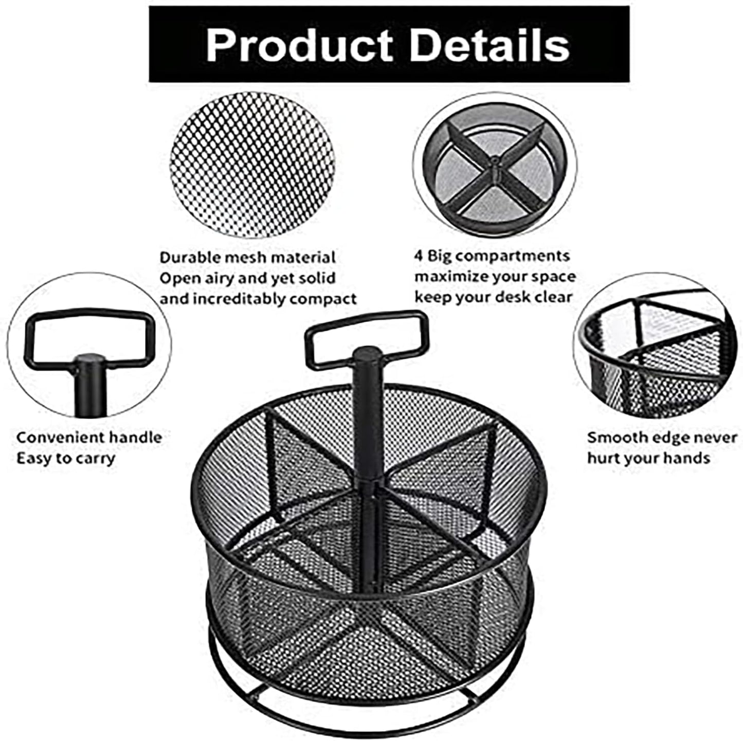Mesh Desk Organizer, 360-Degree Rotating Multi-Functional Pen Holder, 4 Compartments Desktop Stationary Organizer, Home Office Art Supply Storage Box Caddy (Black)