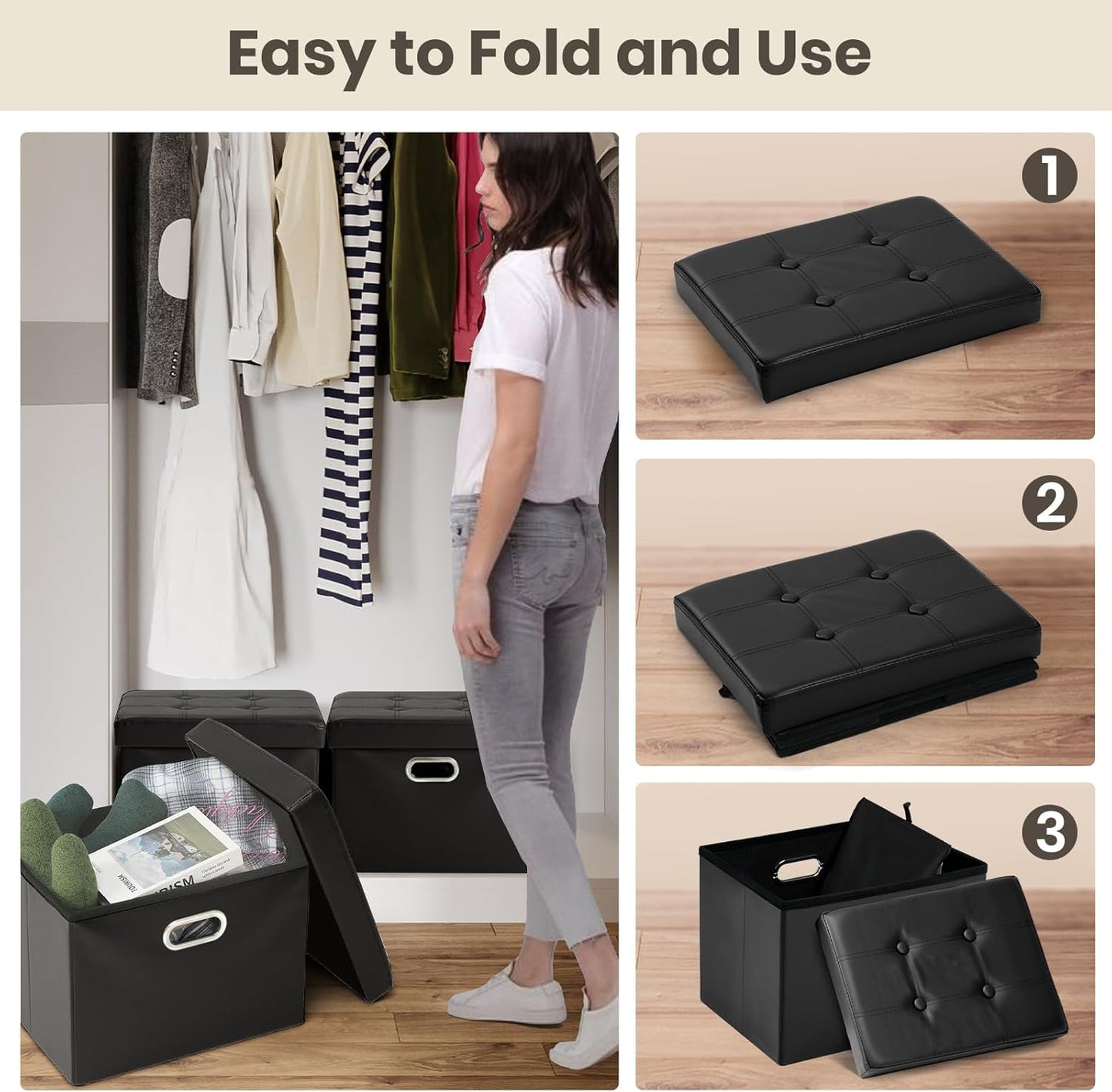 Ottoman with Storage Folding Leather Ottoman Footrest Foot Stool Black Ottoman for Room Small Rectangle Collapsible Bench Furniture with Handles Lid Toy Chest 17X13X13In