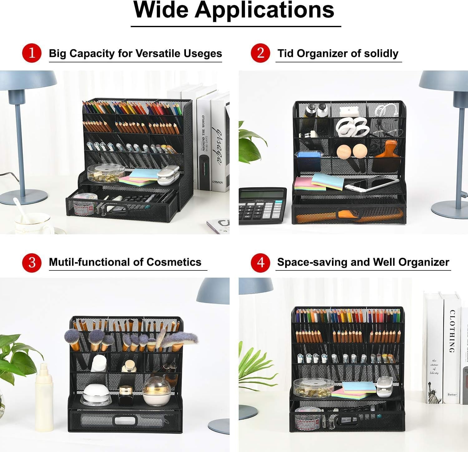 Mesh Pen Holder for Desk, Multi-Functional Pencil Organizer with Drawer, Desk Organizers and Accessories for Office Art Supplies (Large Black)