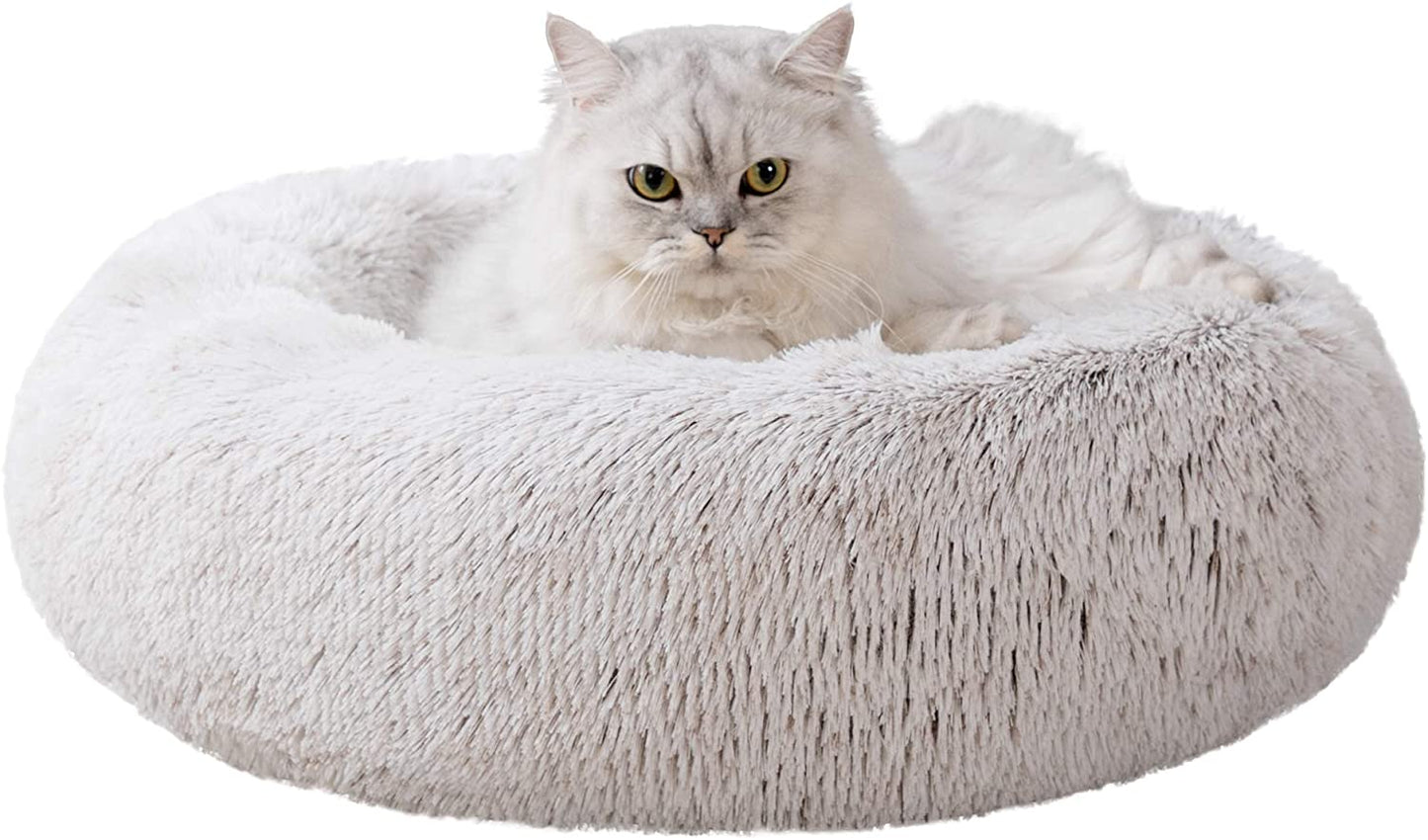 Calming Cat Bed for Indoor Cats,Anti-Anxiety Donut round Dog Bed,Fluffy Faux Fur Washable Pet Bed for Small Medium Dogs and Cats,Taupe,24In