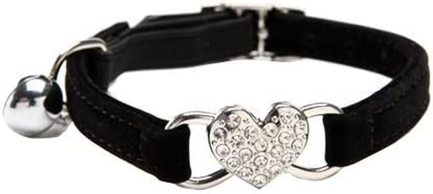 Pink Soft Velvet Safe Cat Adjustable Collar with Crystal Heart Charm and Bells 8-11 Inches(Black+Red+Pink+Blue)
