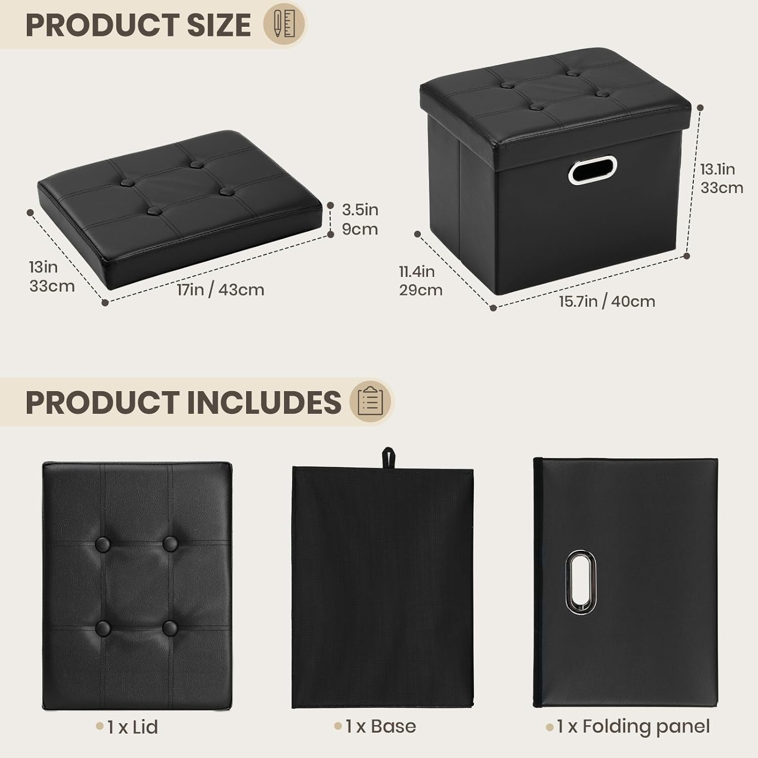 Ottoman with Storage Folding Leather Ottoman Footrest Foot Stool Black Ottoman for Room Small Rectangle Collapsible Bench Furniture with Handles Lid Toy Chest 17X13X13In