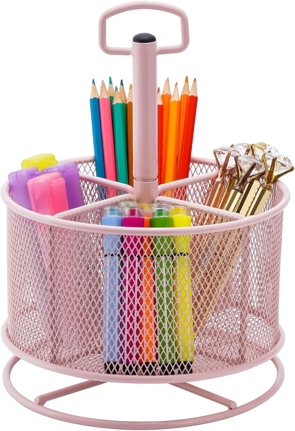 Mesh Desk Organizer, 360-Degree Rotating Multi-Functional Pen Holder, 4 Compartments Desktop Stationary Organizer, Home Office Art Supply Storage Box Caddy (Black)