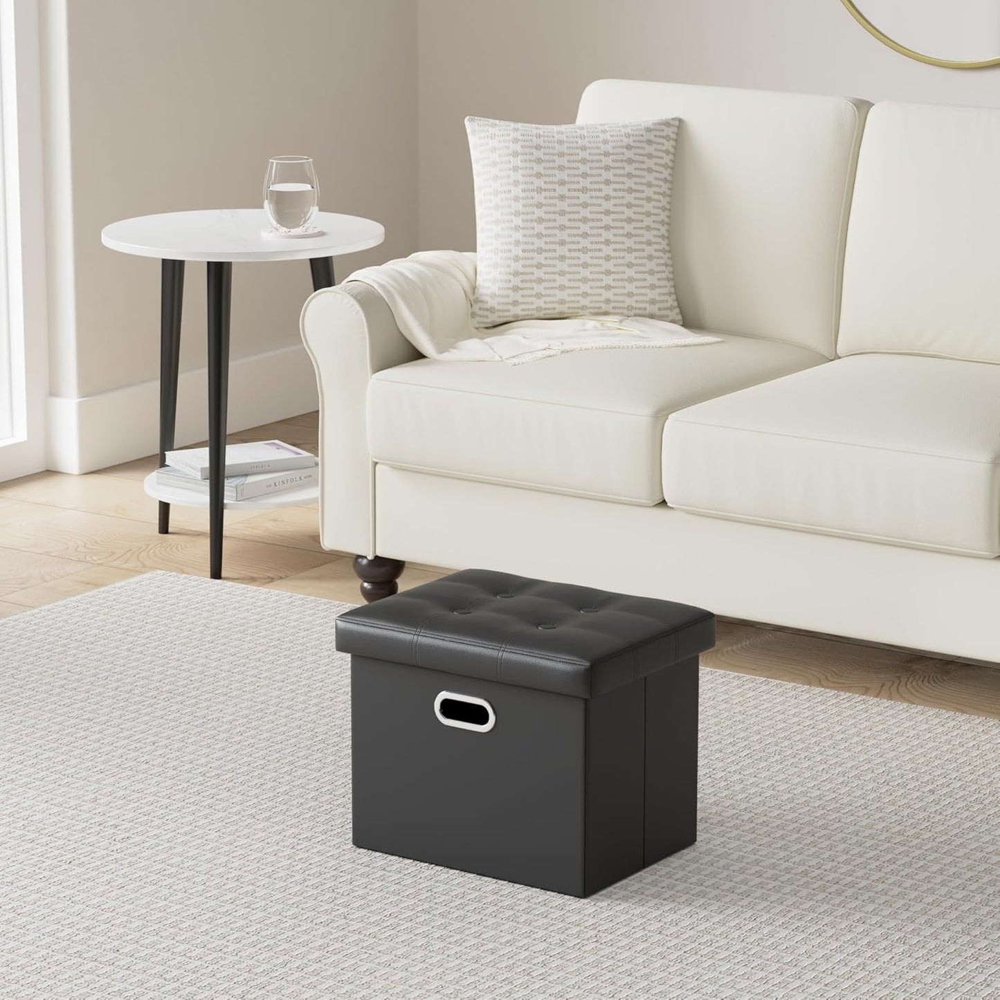 Ottoman with Storage Folding Leather Ottoman Footrest Foot Stool Black Ottoman for Room Small Rectangle Collapsible Bench Furniture with Handles Lid Toy Chest 17X13X13In