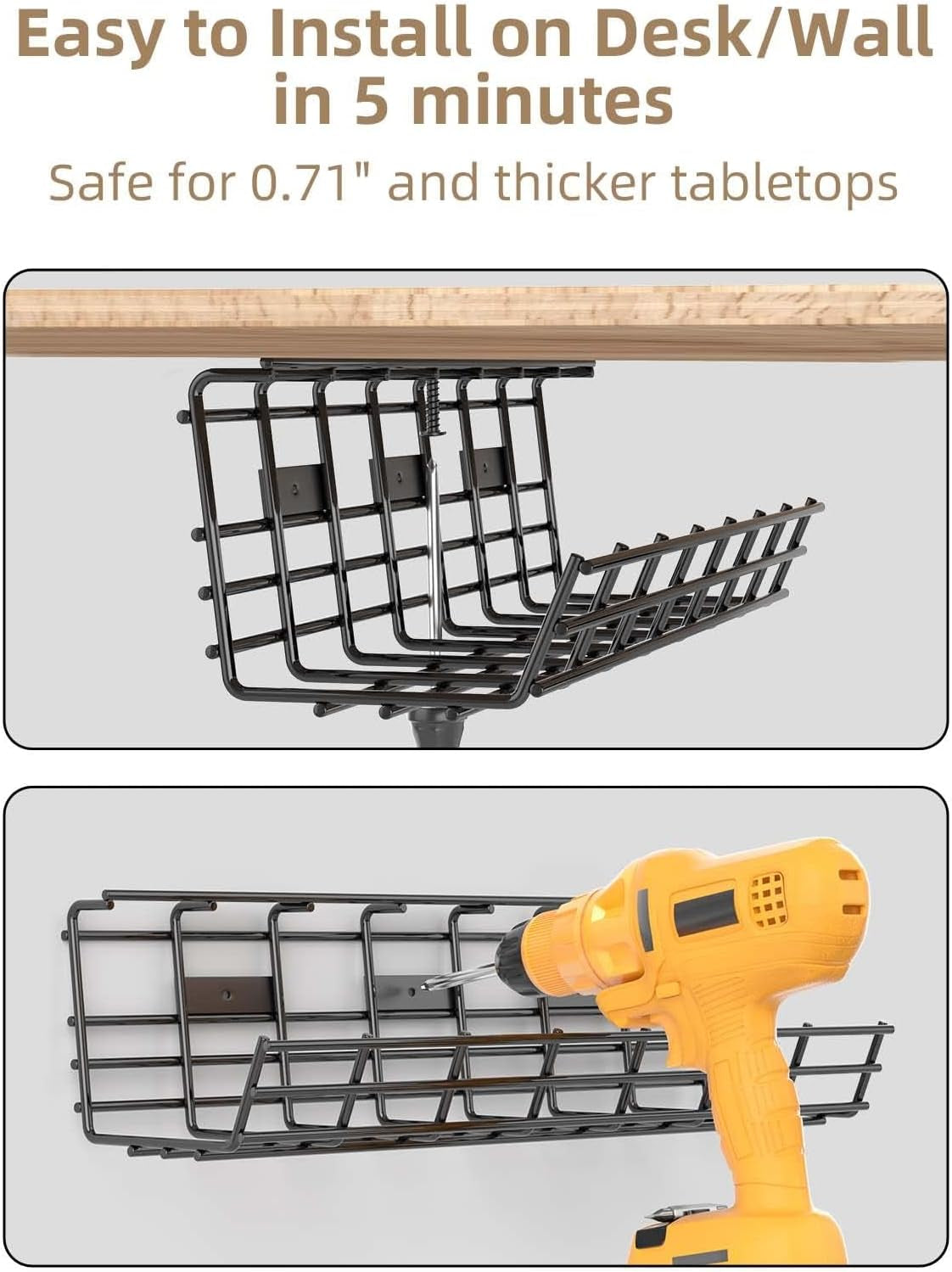 2 Pack  under Desk Cable Management Tray, Large Metal Cord Organizer, Office & Home Cord Wire Management under Desk Shelf, Easy Install Pre-Drilled Cable Organizer, Black