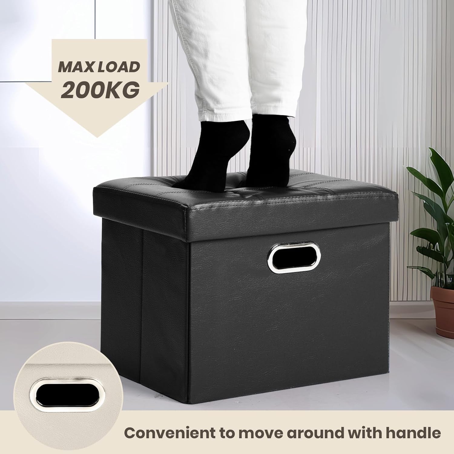 Ottoman with Storage Folding Leather Ottoman Footrest Foot Stool Black Ottoman for Room Small Rectangle Collapsible Bench Furniture with Handles Lid Toy Chest 17X13X13In