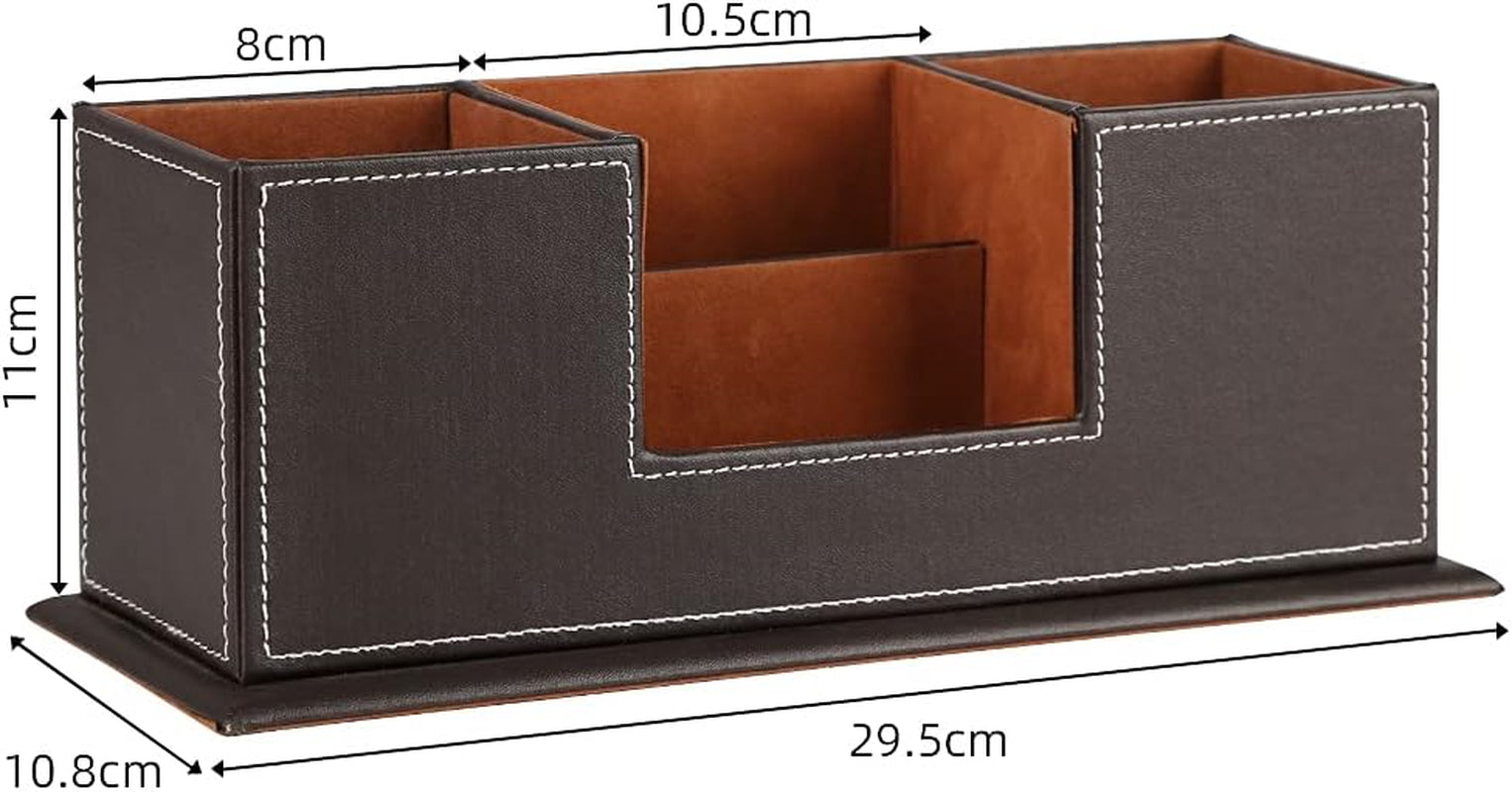 ™ Double Holder Wood Leather Multi-Function Desk Stationery Organizer Dark Brown