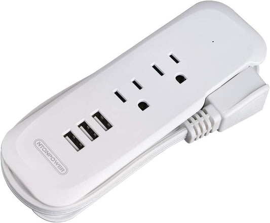 Travel Power Strip with USB -  2 Outlets 3 USB Portable Desktop Charging Station, 15 Inches Wrapped Short Extension Cord for Hotels, Cruise, Nightstand, Airports, Conference Room - White