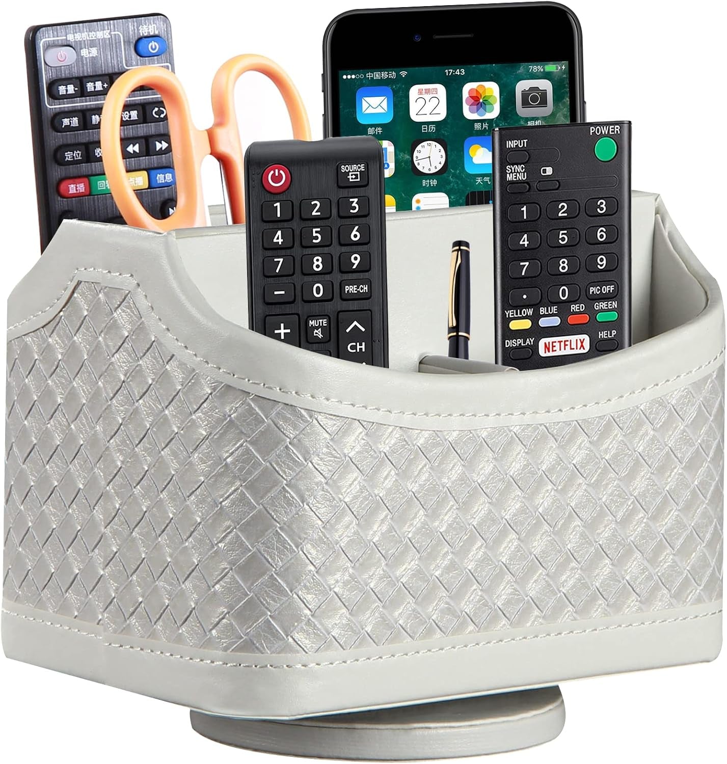 Leather 360°Rotatable Remote Control Holder,Nightstand TV Remote Caddy,Office Supplies Desktop Organizer,Spinning Storage Box for Pen,Mail,Phone,Dvd, Blu-Ray, Media Player, Heater Controllers