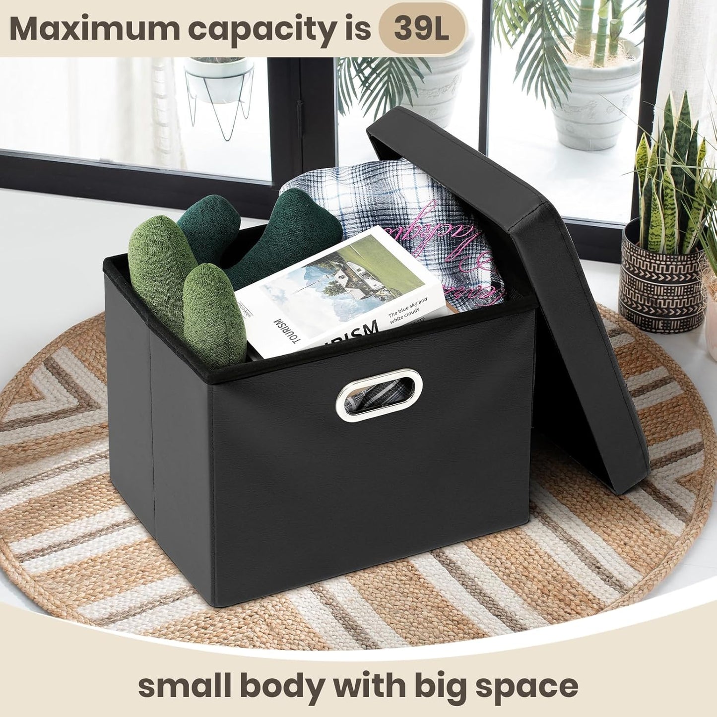 Ottoman with Storage Folding Leather Ottoman Footrest Foot Stool Black Ottoman for Room Small Rectangle Collapsible Bench Furniture with Handles Lid Toy Chest 17X13X13In