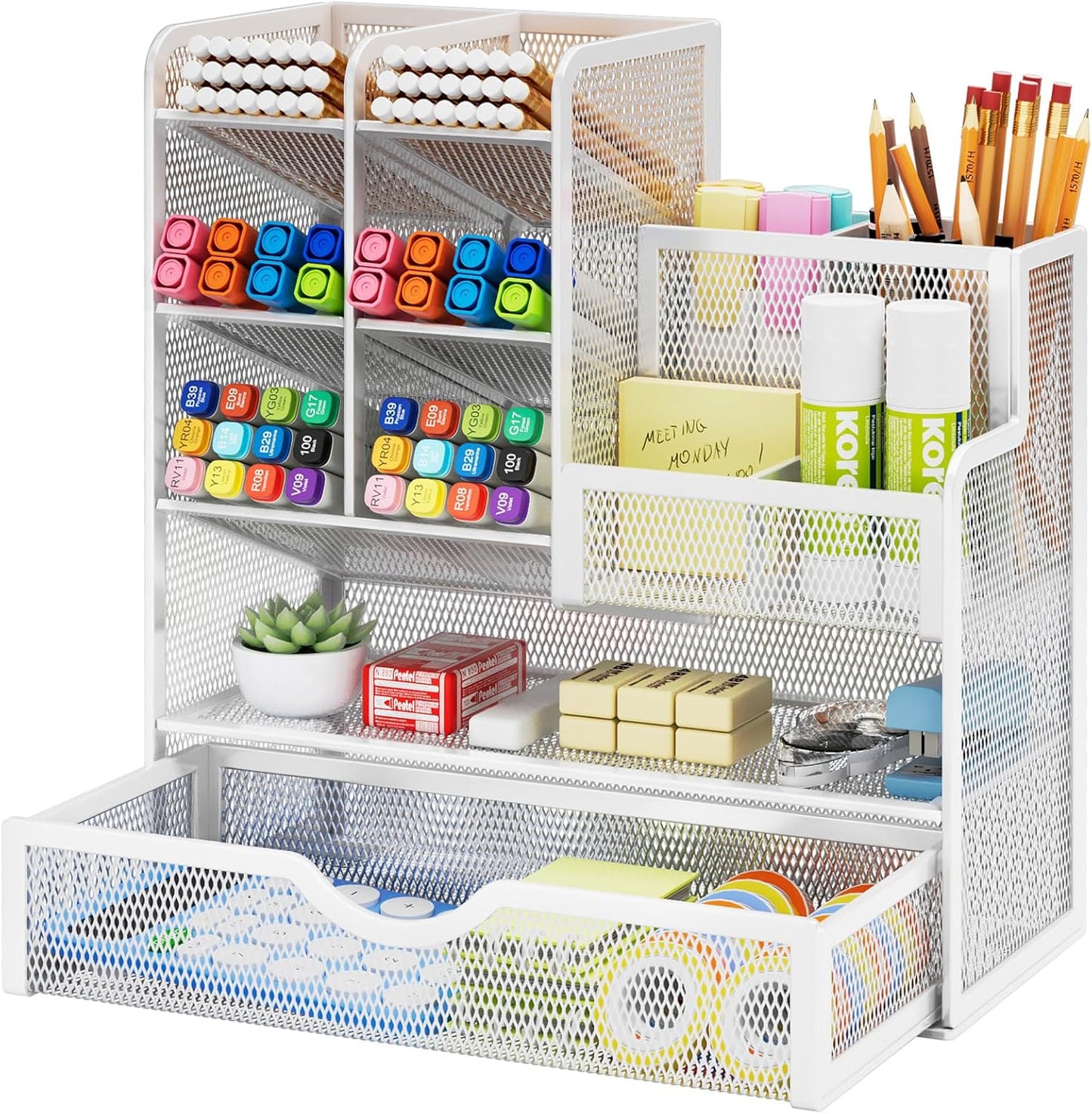 Mesh Pen Holder for Desk, Multi-Functional Pencil Organizer with Drawer, Desk Organizers and Accessories for Office Art Supplies (Large Black)