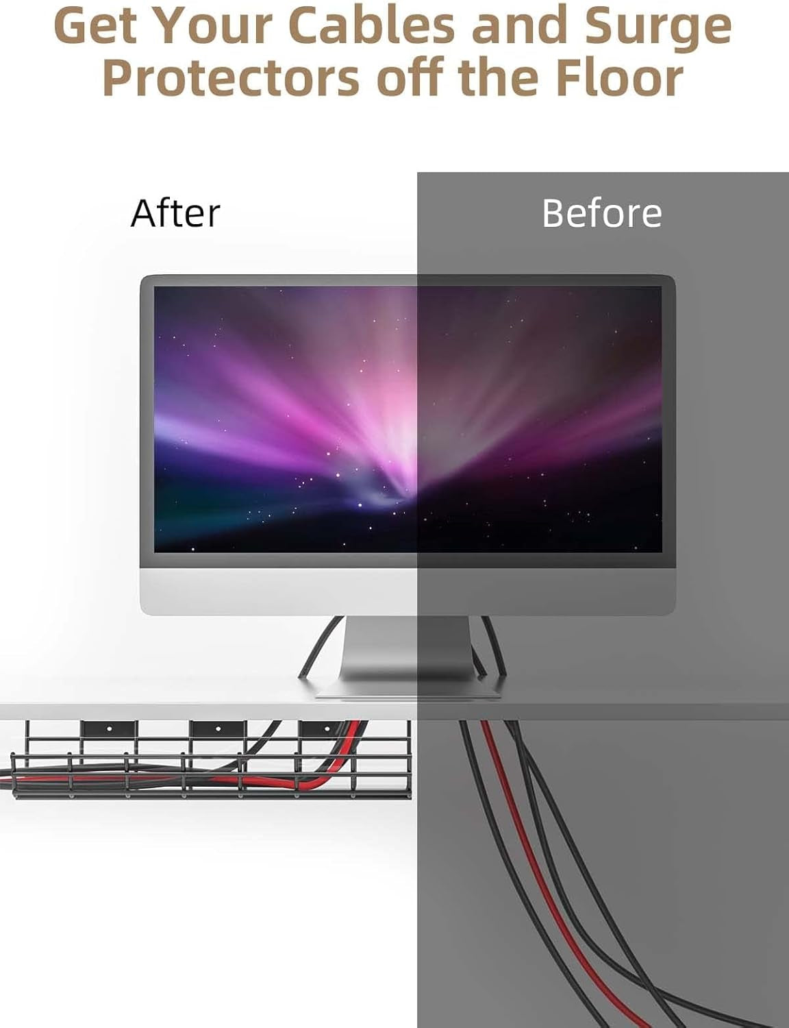 2 Pack  under Desk Cable Management Tray, Large Metal Cord Organizer, Office & Home Cord Wire Management under Desk Shelf, Easy Install Pre-Drilled Cable Organizer, Black