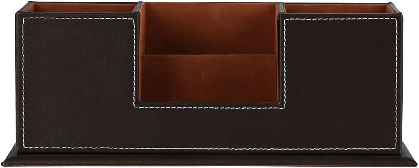 ™ Double Holder Wood Leather Multi-Function Desk Stationery Organizer Dark Brown