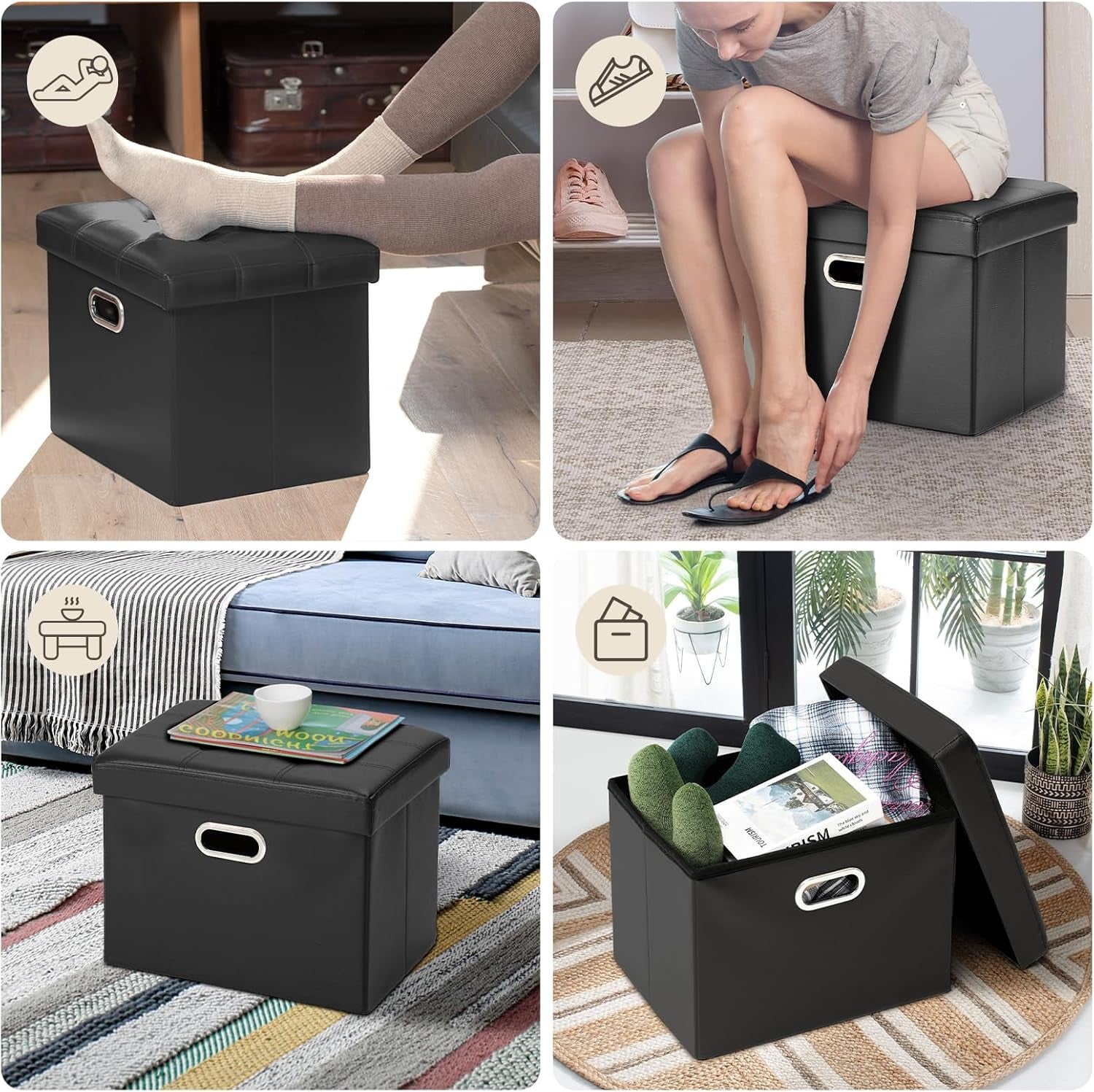 Ottoman with Storage Folding Leather Ottoman Footrest Foot Stool Black Ottoman for Room Small Rectangle Collapsible Bench Furniture with Handles Lid Toy Chest 17X13X13In