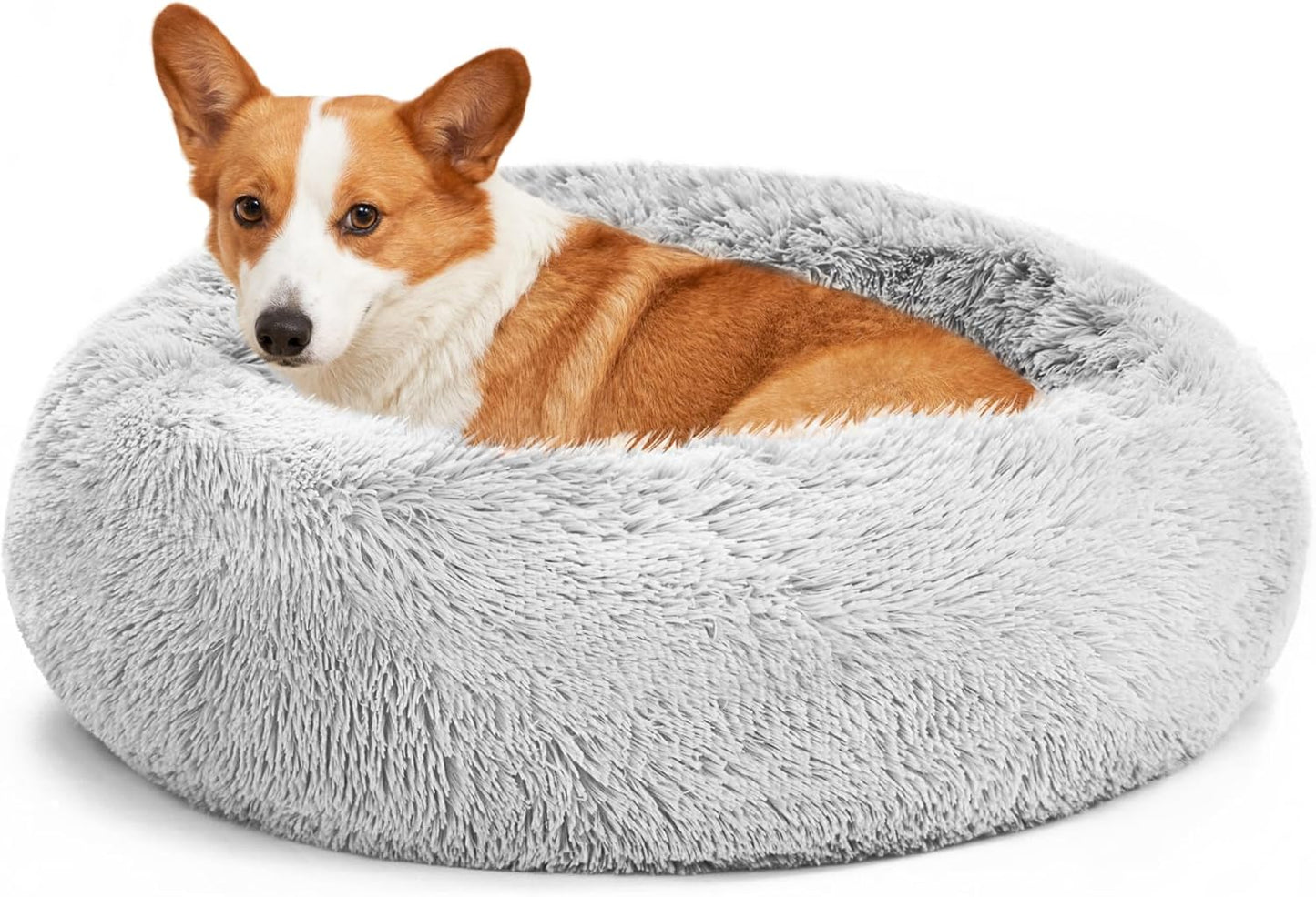 Calming Cat Bed for Indoor Cats,Anti-Anxiety Donut round Dog Bed,Fluffy Faux Fur Washable Pet Bed for Small Medium Dogs and Cats,Taupe,24In