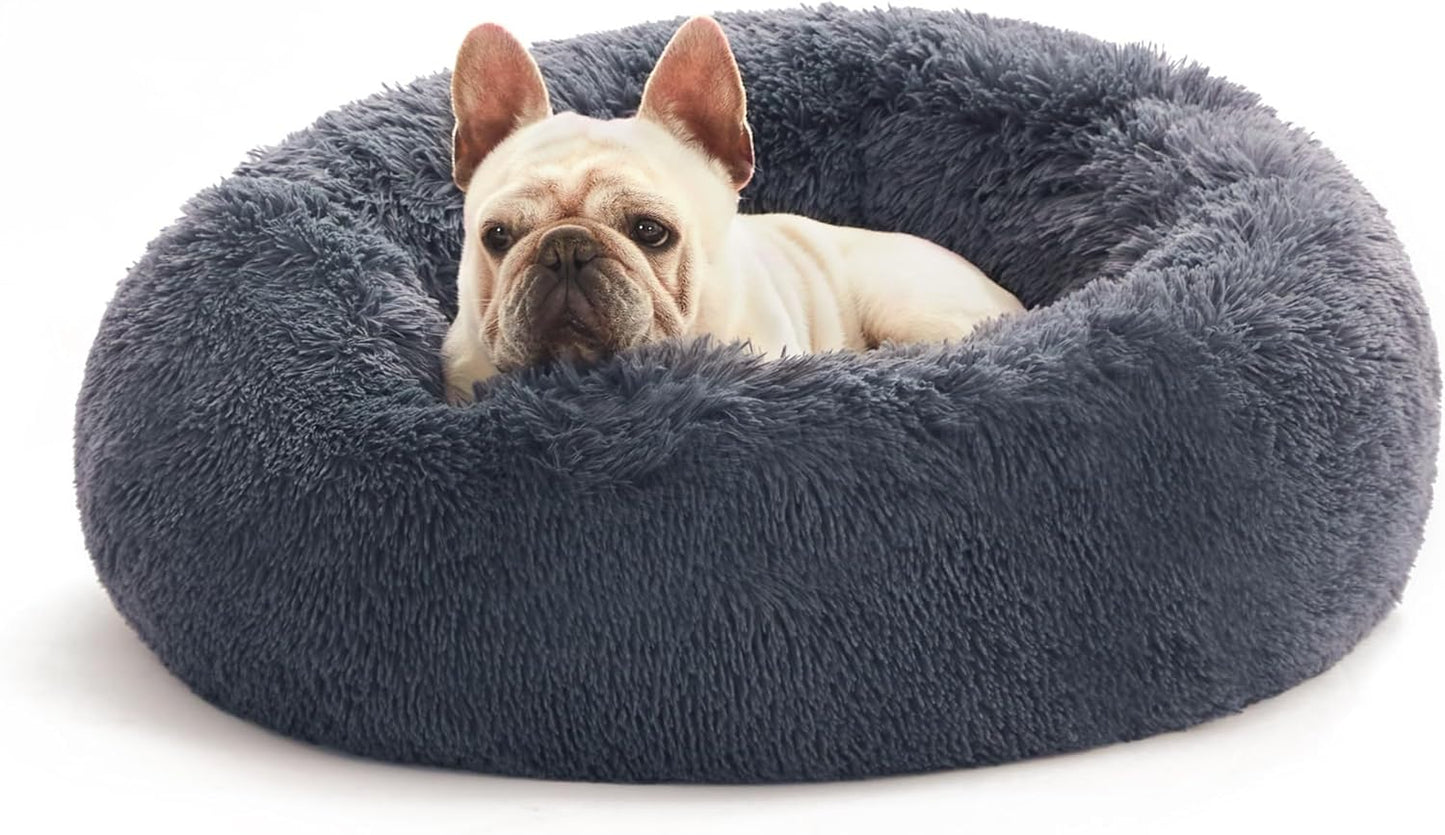 Calming Cat Bed for Indoor Cats,Anti-Anxiety Donut round Dog Bed,Fluffy Faux Fur Washable Pet Bed for Small Medium Dogs and Cats,Taupe,24In