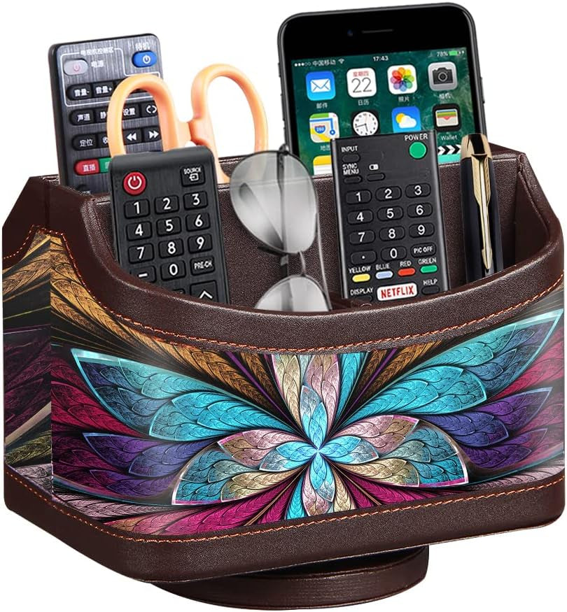 Leather 360°Rotatable Remote Control Holder,Nightstand TV Remote Caddy,Office Supplies Desktop Organizer,Spinning Storage Box for Pen,Mail,Phone,Dvd, Blu-Ray, Media Player, Heater Controllers