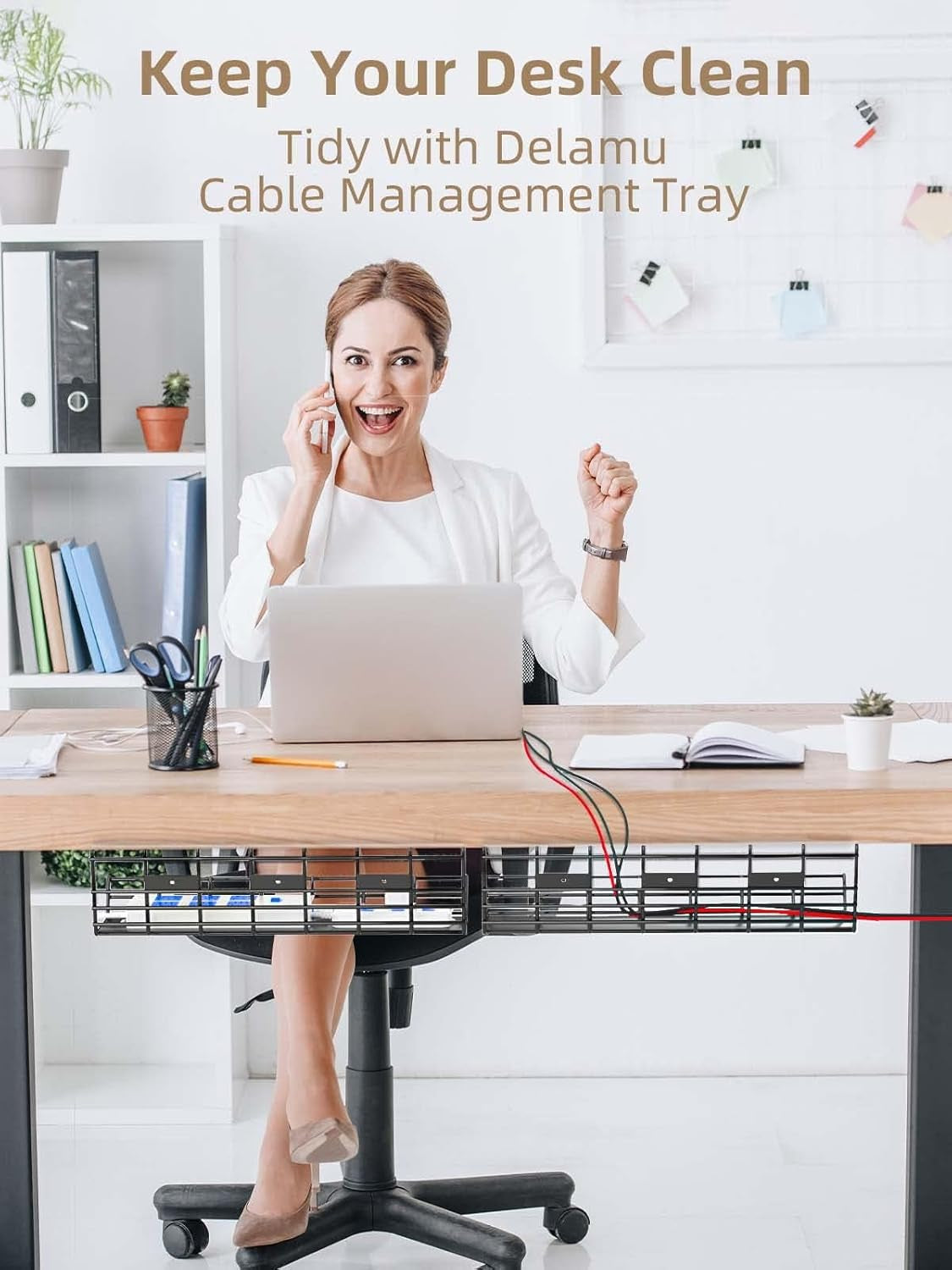 2 Pack  under Desk Cable Management Tray, Large Metal Cord Organizer, Office & Home Cord Wire Management under Desk Shelf, Easy Install Pre-Drilled Cable Organizer, Black