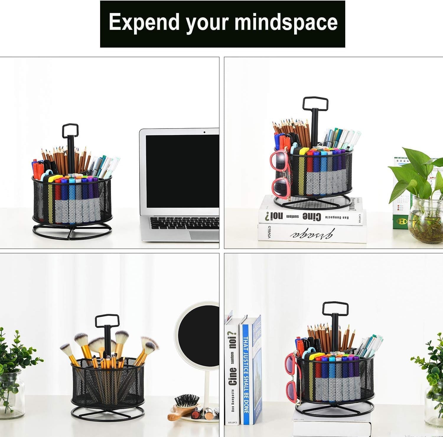 Mesh Desk Organizer, 360-Degree Rotating Multi-Functional Pen Holder, 4 Compartments Desktop Stationary Organizer, Home Office Art Supply Storage Box Caddy (Black)