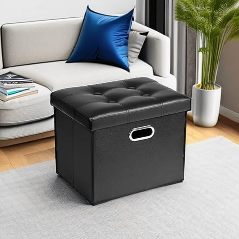 Ottoman with Storage Folding Leather Ottoman Footrest Foot Stool Black Ottoman for Room Small Rectangle Collapsible Bench Furniture with Handles Lid Toy Chest 17X13X13In