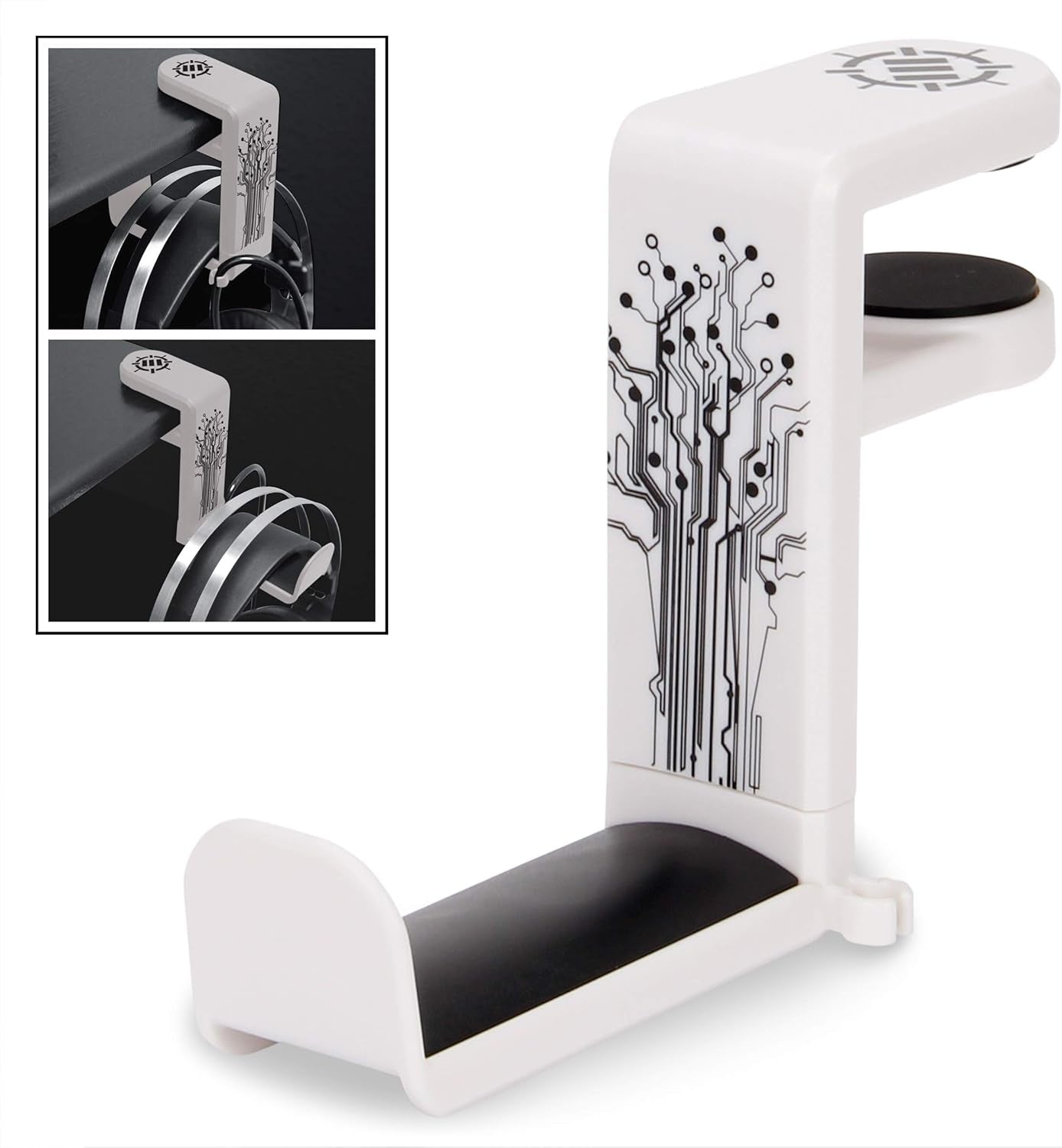 PC Gaming Headset Holder - Desk Headphone Hanger with Adjustable 360 Rotation, under Desk Headphone Hook Clamp, Universal Fit - Built in Cable Clip Organizer - Red