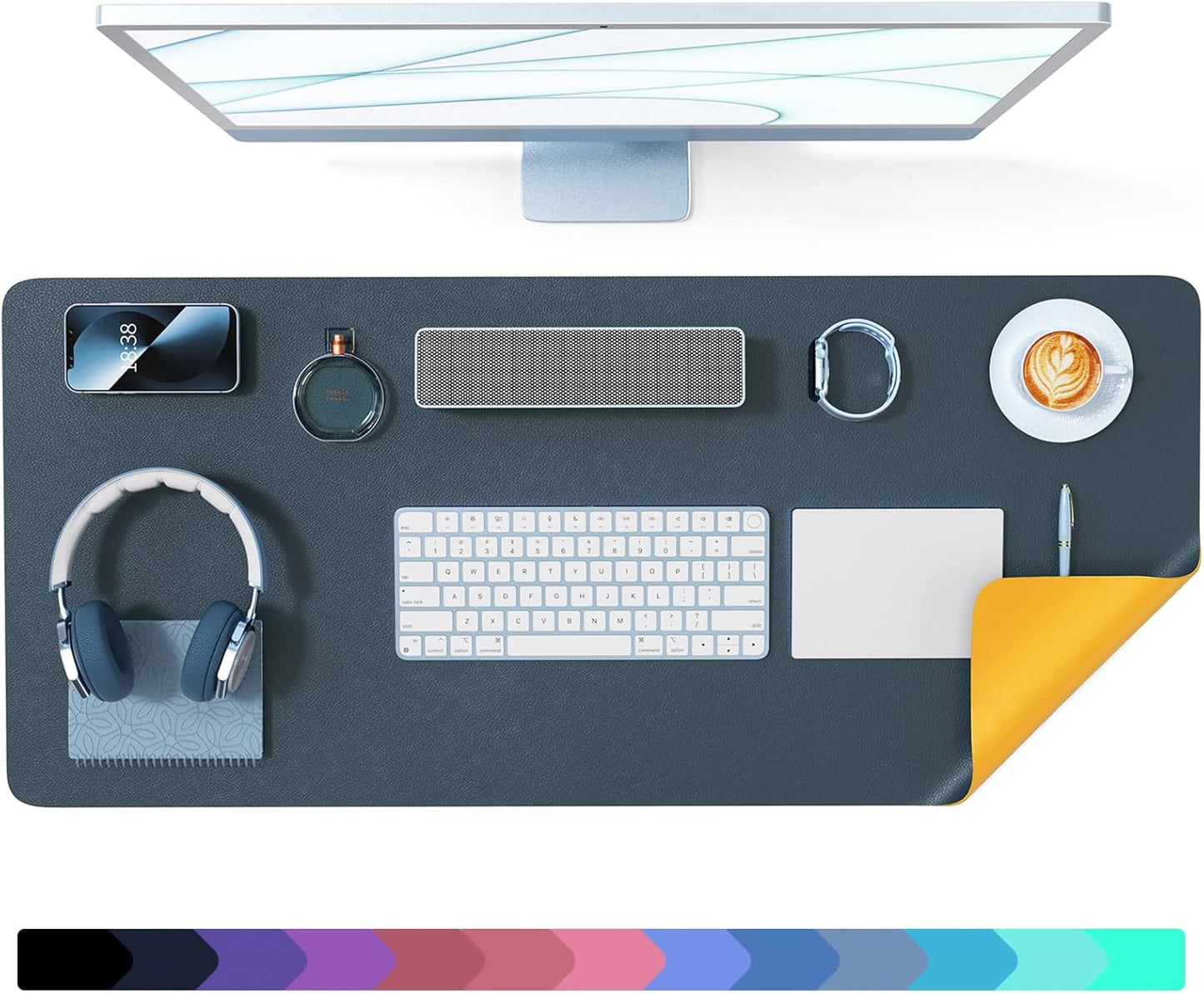 Non Slip Desk Mat, 35.4" X 15.7" PU Leather Desk Protector, Waterproof Large Mouse Pad, Desk Mat for Desktop, Desk Pad for Keyboard and Mouse, Office and Home, Blue X Yellow