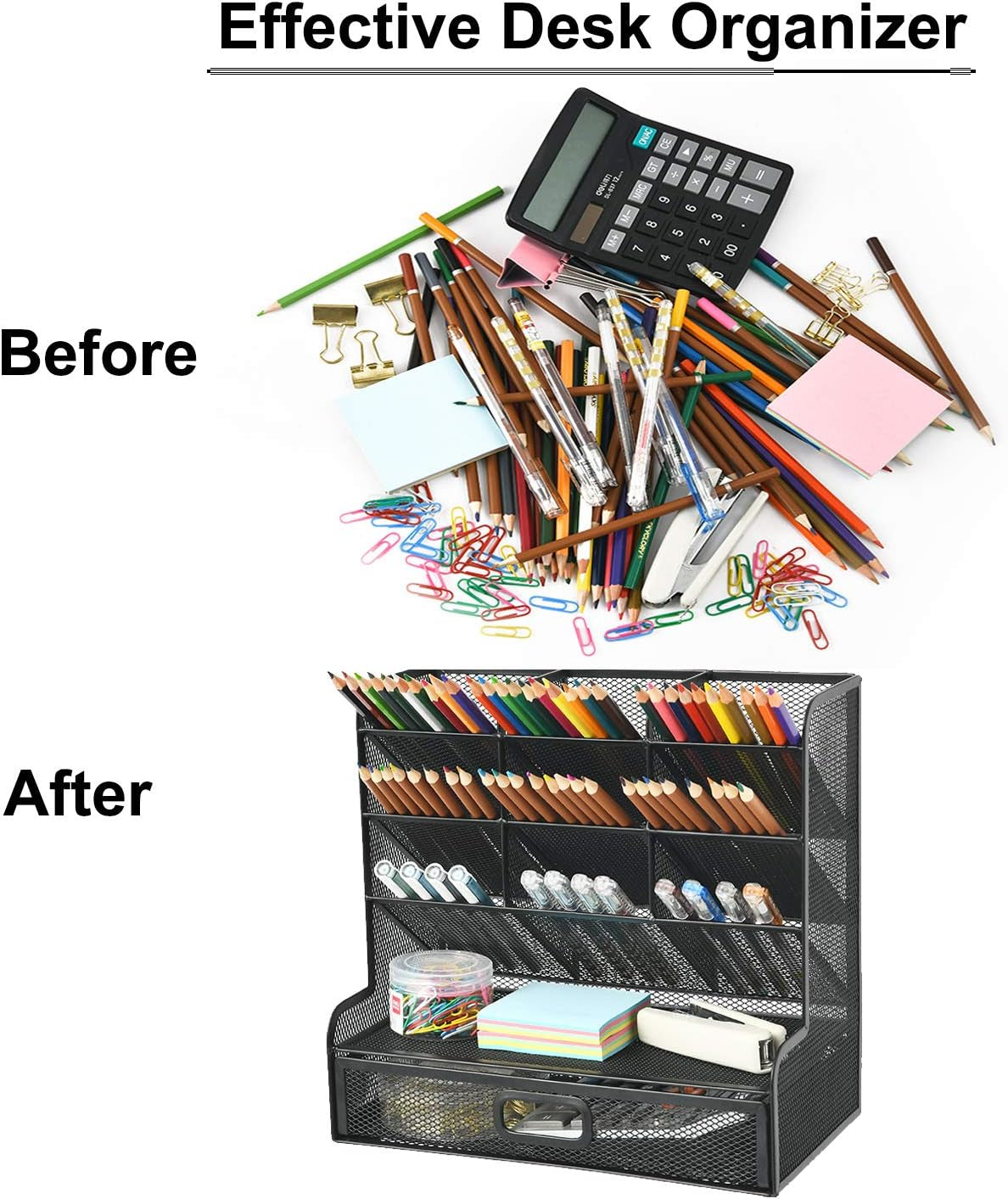 Mesh Pen Holder for Desk, Multi-Functional Pencil Organizer with Drawer, Desk Organizers and Accessories for Office Art Supplies (Large Black)