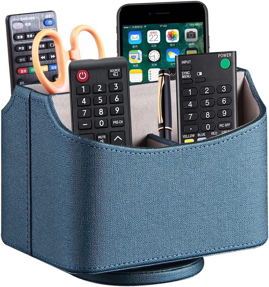 Leather 360°Rotatable Remote Control Holder,Nightstand TV Remote Caddy,Office Supplies Desktop Organizer,Spinning Storage Box for Pen,Mail,Phone,Dvd, Blu-Ray, Media Player, Heater Controllers