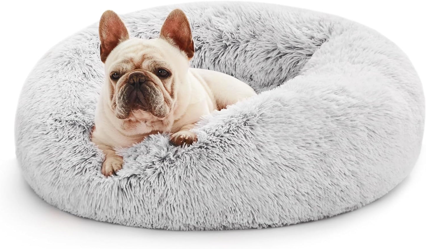 Calming Cat Bed for Indoor Cats,Anti-Anxiety Donut round Dog Bed,Fluffy Faux Fur Washable Pet Bed for Small Medium Dogs and Cats,Taupe,24In
