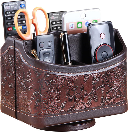 Leather 360°Rotatable Remote Control Holder,Nightstand TV Remote Caddy,Office Supplies Desktop Organizer,Spinning Storage Box for Pen,Mail,Phone,Dvd, Blu-Ray, Media Player, Heater Controllers