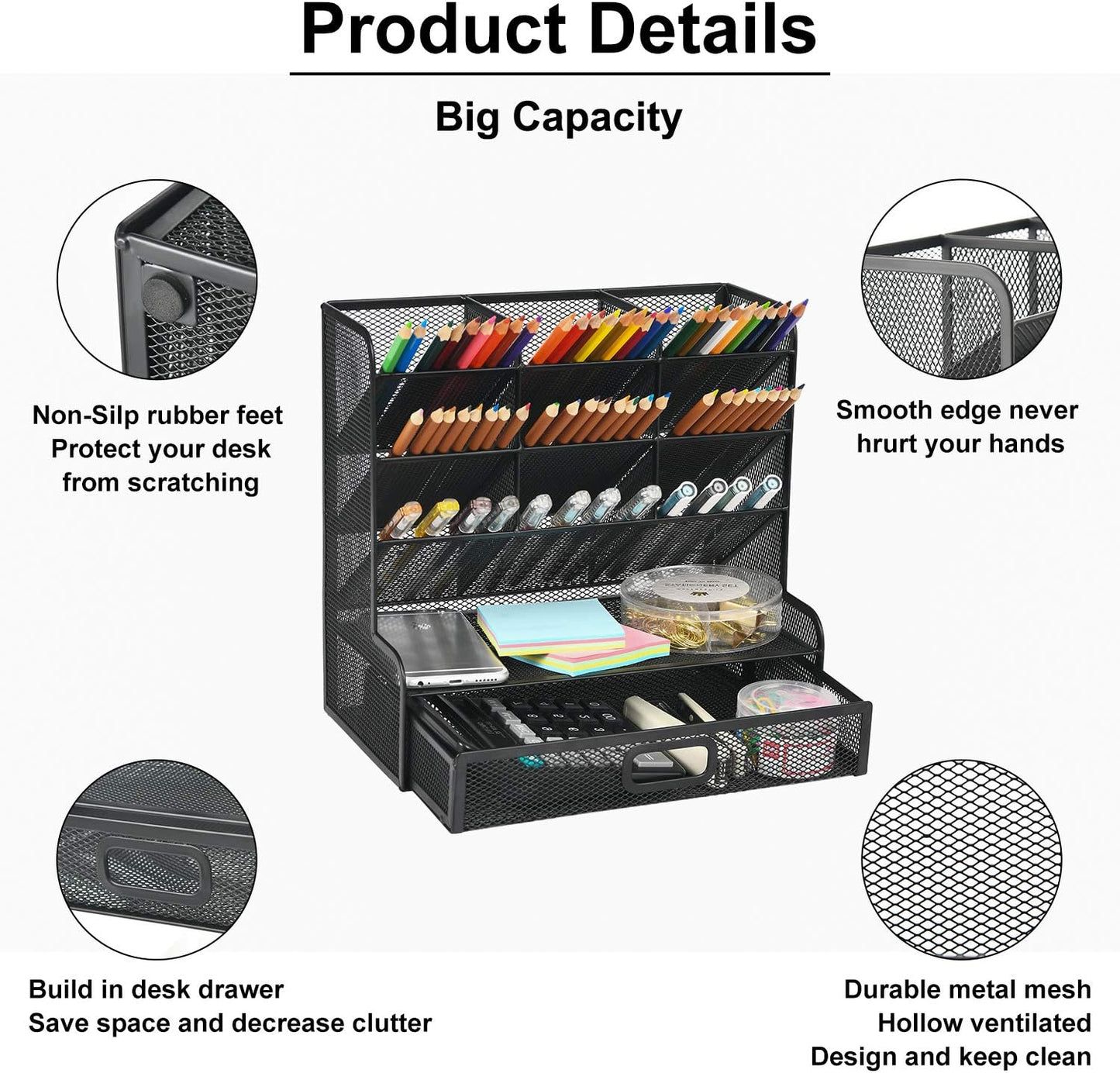 Mesh Pen Holder for Desk, Multi-Functional Pencil Organizer with Drawer, Desk Organizers and Accessories for Office Art Supplies (Large Black)