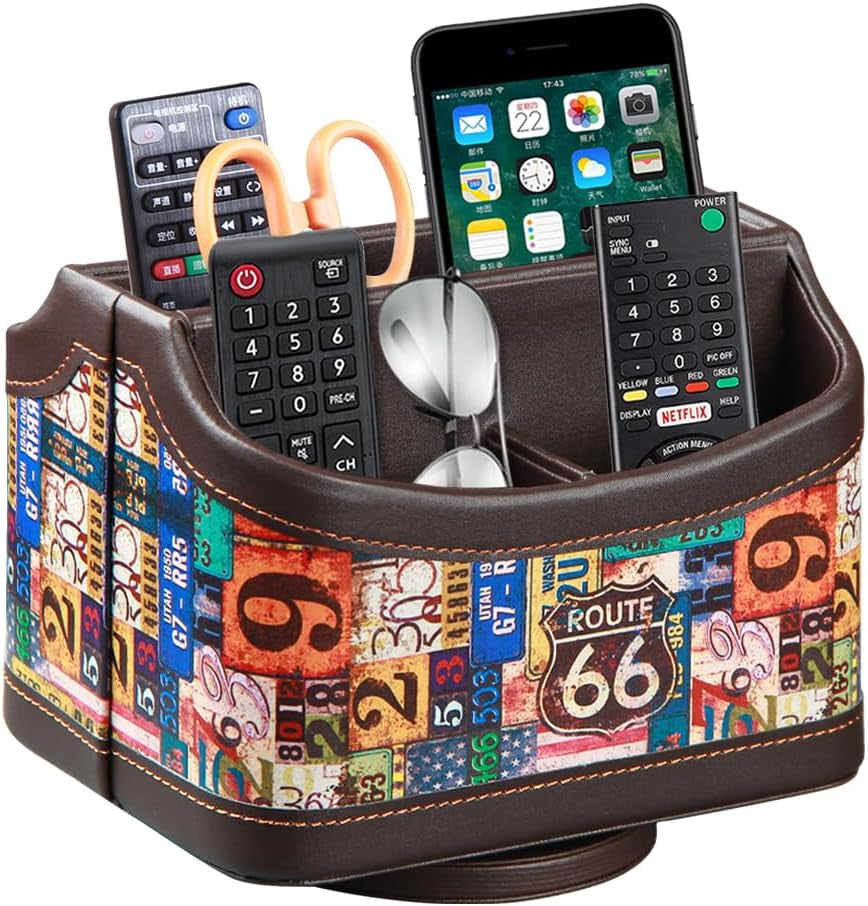 Leather 360°Rotatable Remote Control Holder,Nightstand TV Remote Caddy,Office Supplies Desktop Organizer,Spinning Storage Box for Pen,Mail,Phone,Dvd, Blu-Ray, Media Player, Heater Controllers