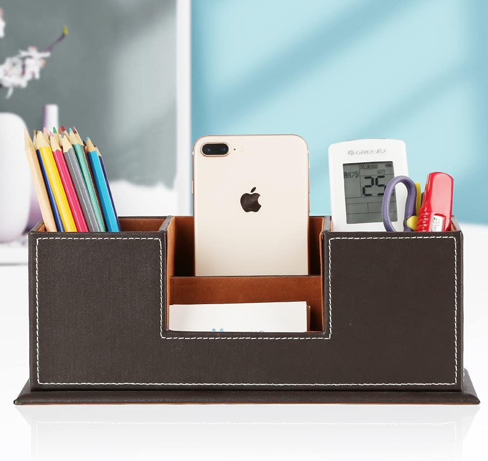 ™ Double Holder Wood Leather Multi-Function Desk Stationery Organizer Dark Brown