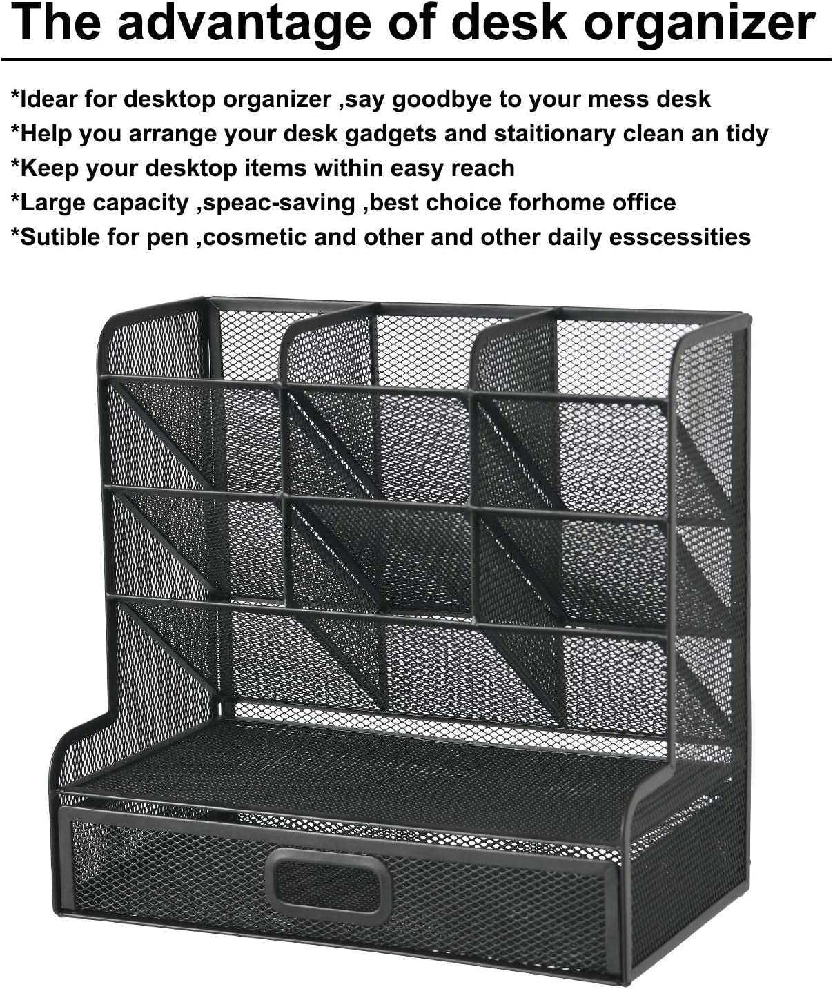 Mesh Pen Holder for Desk, Multi-Functional Pencil Organizer with Drawer, Desk Organizers and Accessories for Office Art Supplies (Large Black)