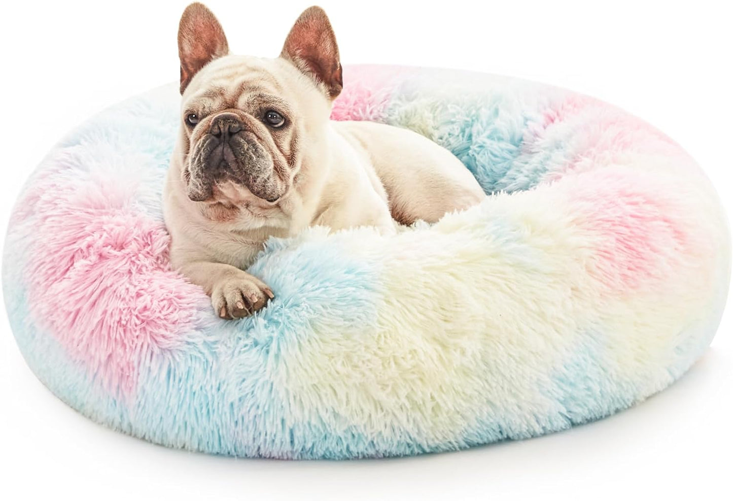 Calming Cat Bed for Indoor Cats,Anti-Anxiety Donut round Dog Bed,Fluffy Faux Fur Washable Pet Bed for Small Medium Dogs and Cats,Taupe,24In