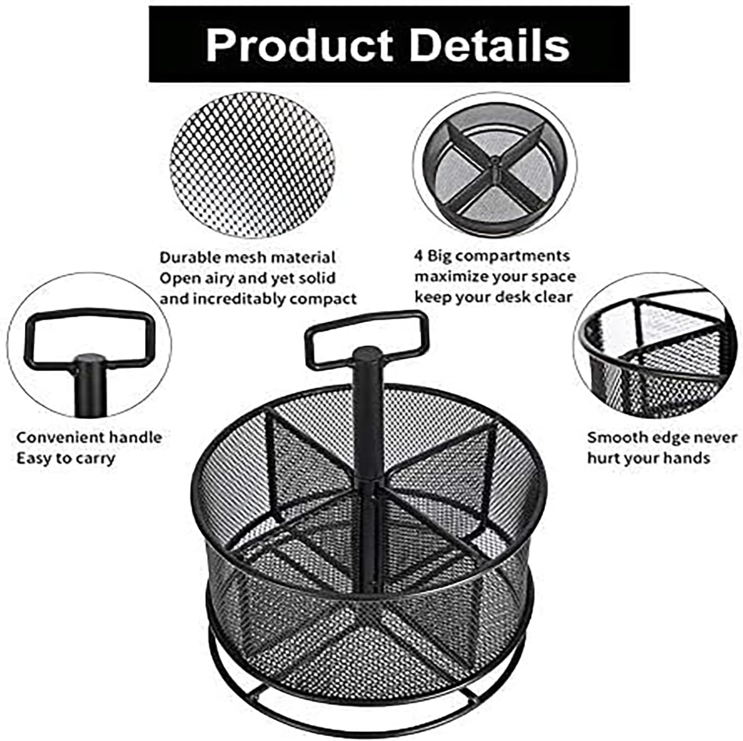 Mesh Desk Organizer, 360-Degree Rotating Multi-Functional Pen Holder, 4 Compartments Desktop Stationary Organizer, Home Office Art Supply Storage Box Caddy (Black)