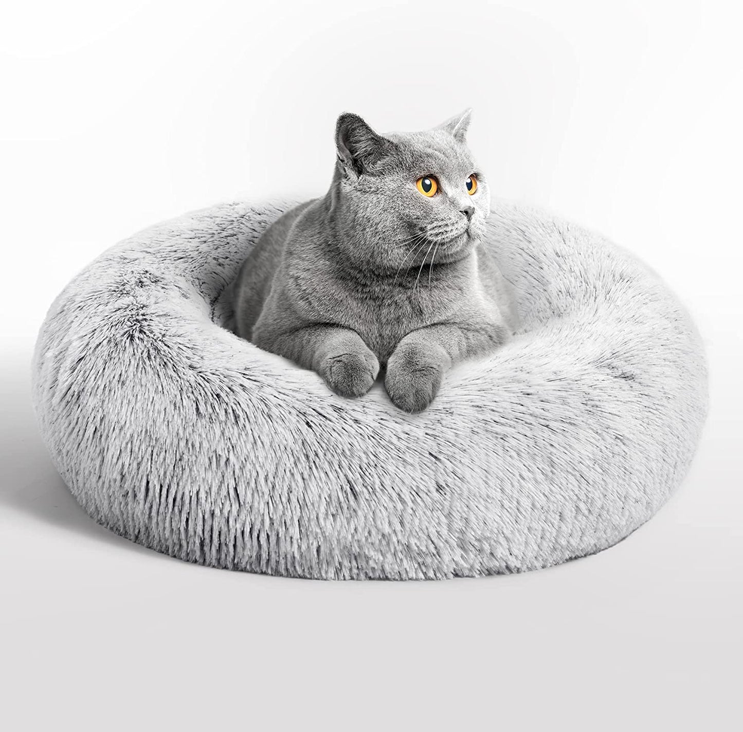Calming Cat Bed for Indoor Cats,Anti-Anxiety Donut round Dog Bed,Fluffy Faux Fur Washable Pet Bed for Small Medium Dogs and Cats,Taupe,24In