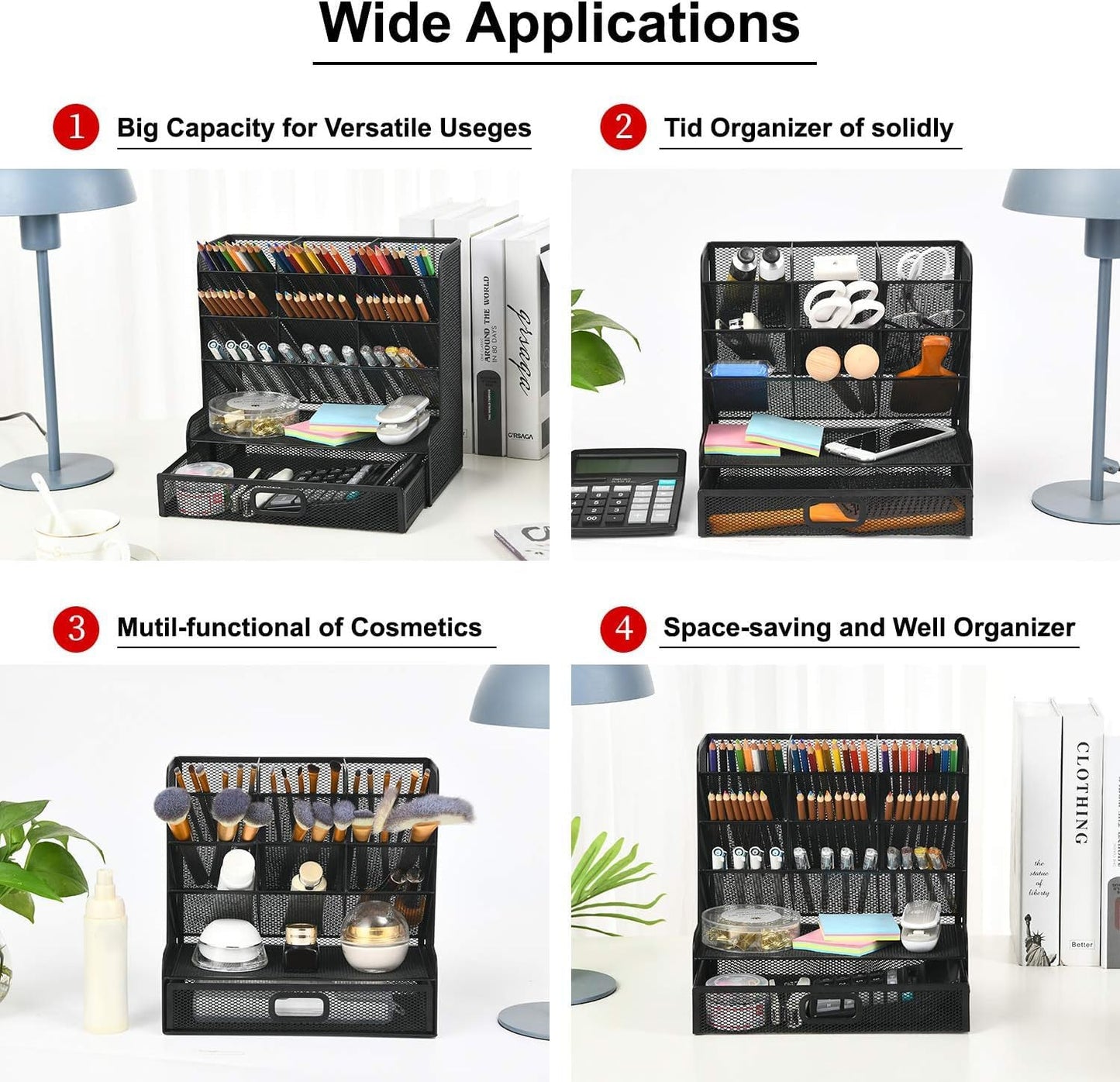 Mesh Pen Holder for Desk, Multi-Functional Pencil Organizer with Drawer, Desk Organizers and Accessories for Office Art Supplies (Large Black)