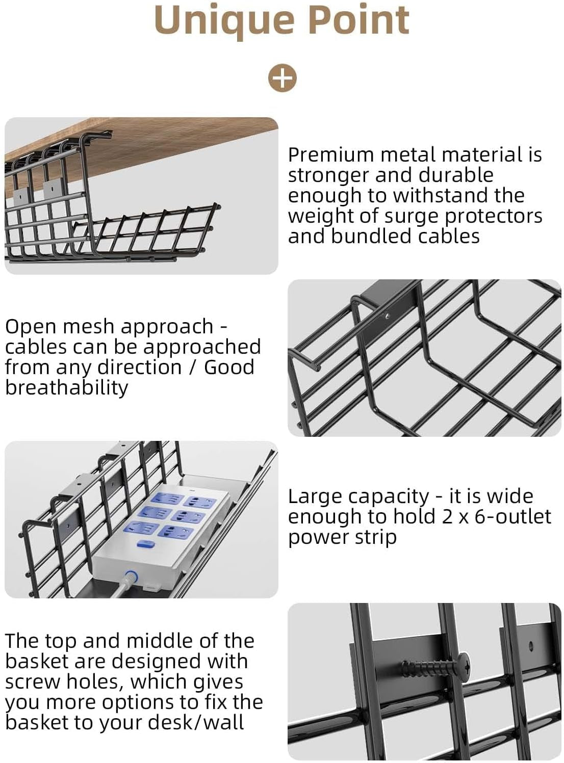 2 Pack  under Desk Cable Management Tray, Large Metal Cord Organizer, Office & Home Cord Wire Management under Desk Shelf, Easy Install Pre-Drilled Cable Organizer, Black