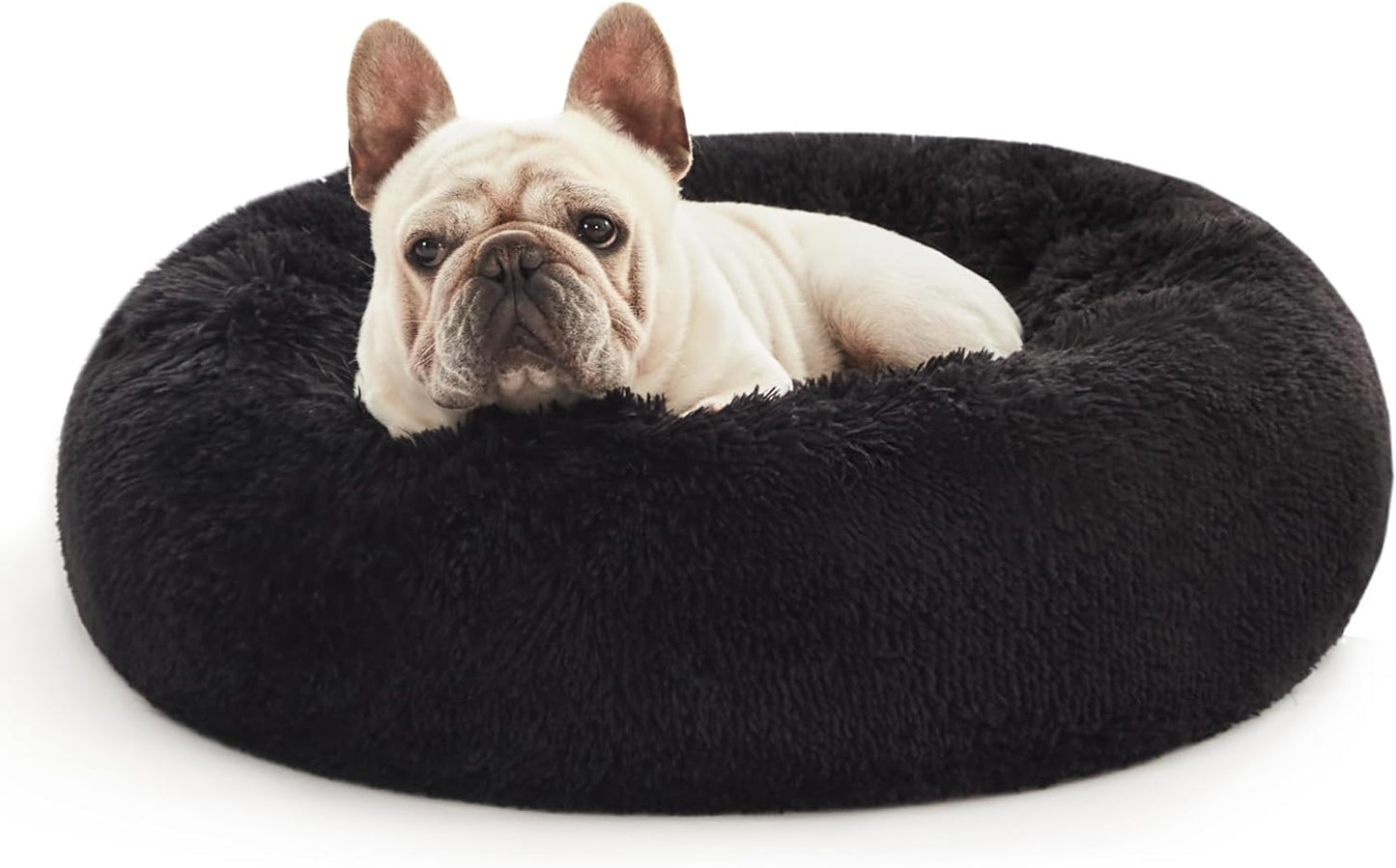 Calming Cat Bed for Indoor Cats,Anti-Anxiety Donut round Dog Bed,Fluffy Faux Fur Washable Pet Bed for Small Medium Dogs and Cats,Taupe,24In