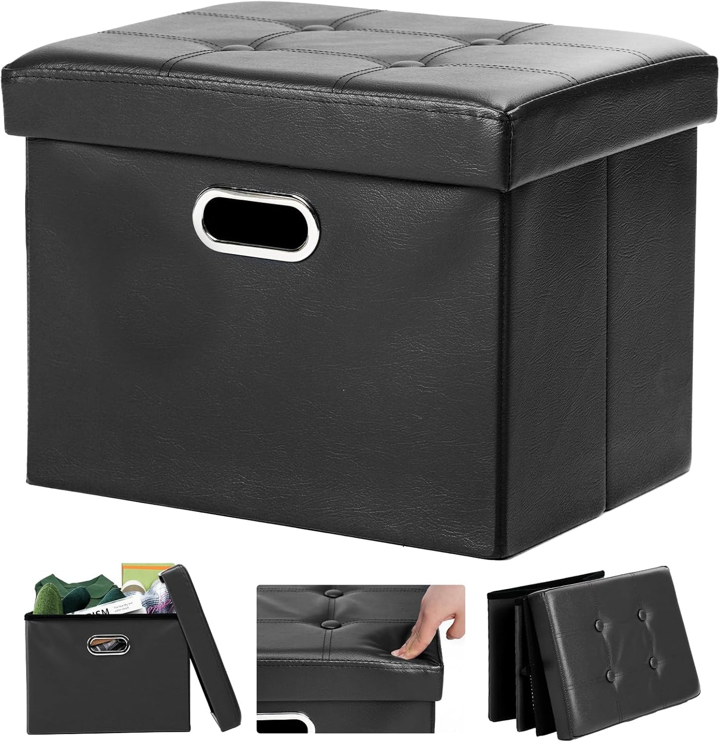 Ottoman with Storage Folding Leather Ottoman Footrest Foot Stool Black Ottoman for Room Small Rectangle Collapsible Bench Furniture with Handles Lid Toy Chest 17X13X13In