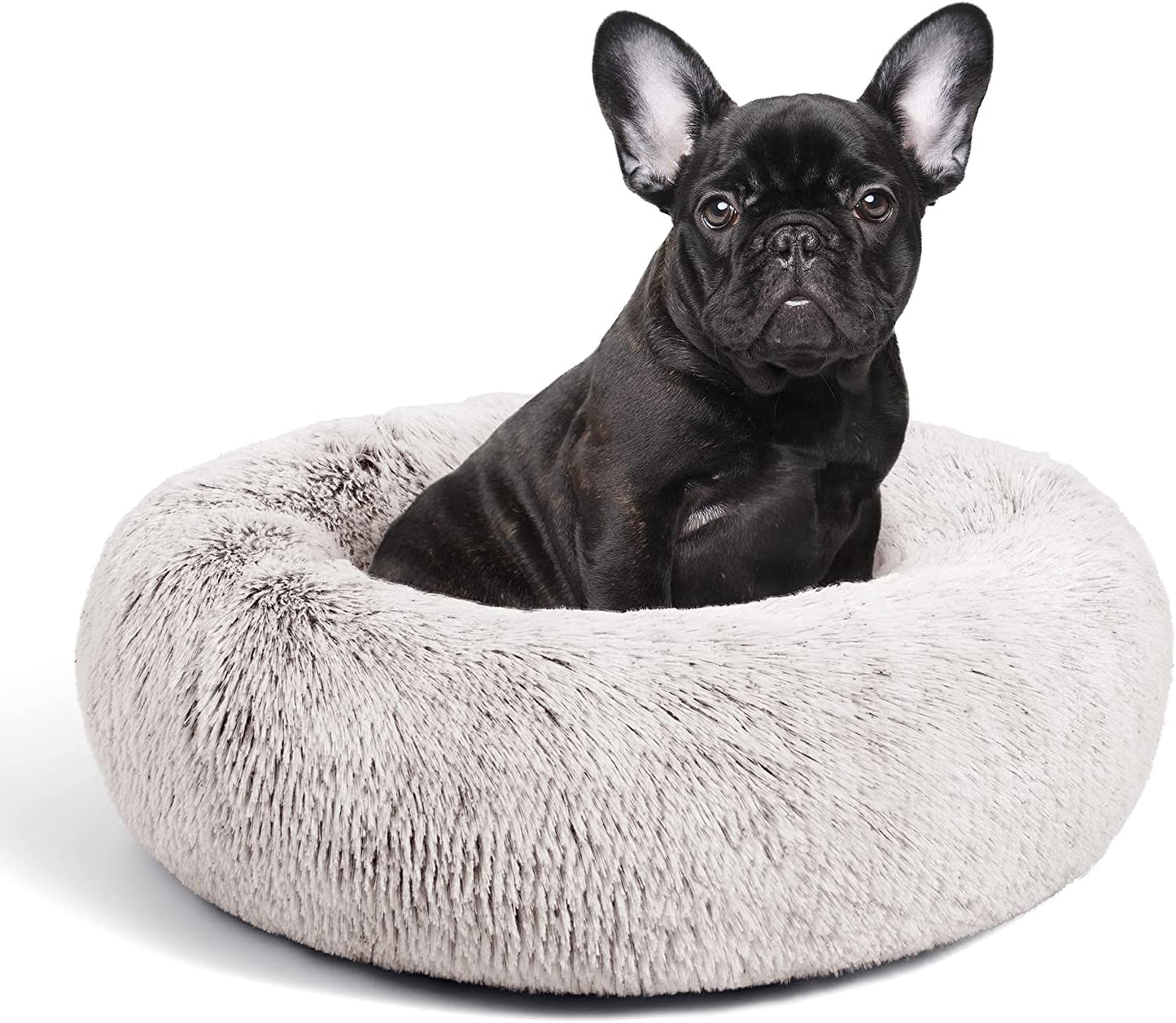 Calming Cat Bed for Indoor Cats,Anti-Anxiety Donut round Dog Bed,Fluffy Faux Fur Washable Pet Bed for Small Medium Dogs and Cats,Taupe,24In