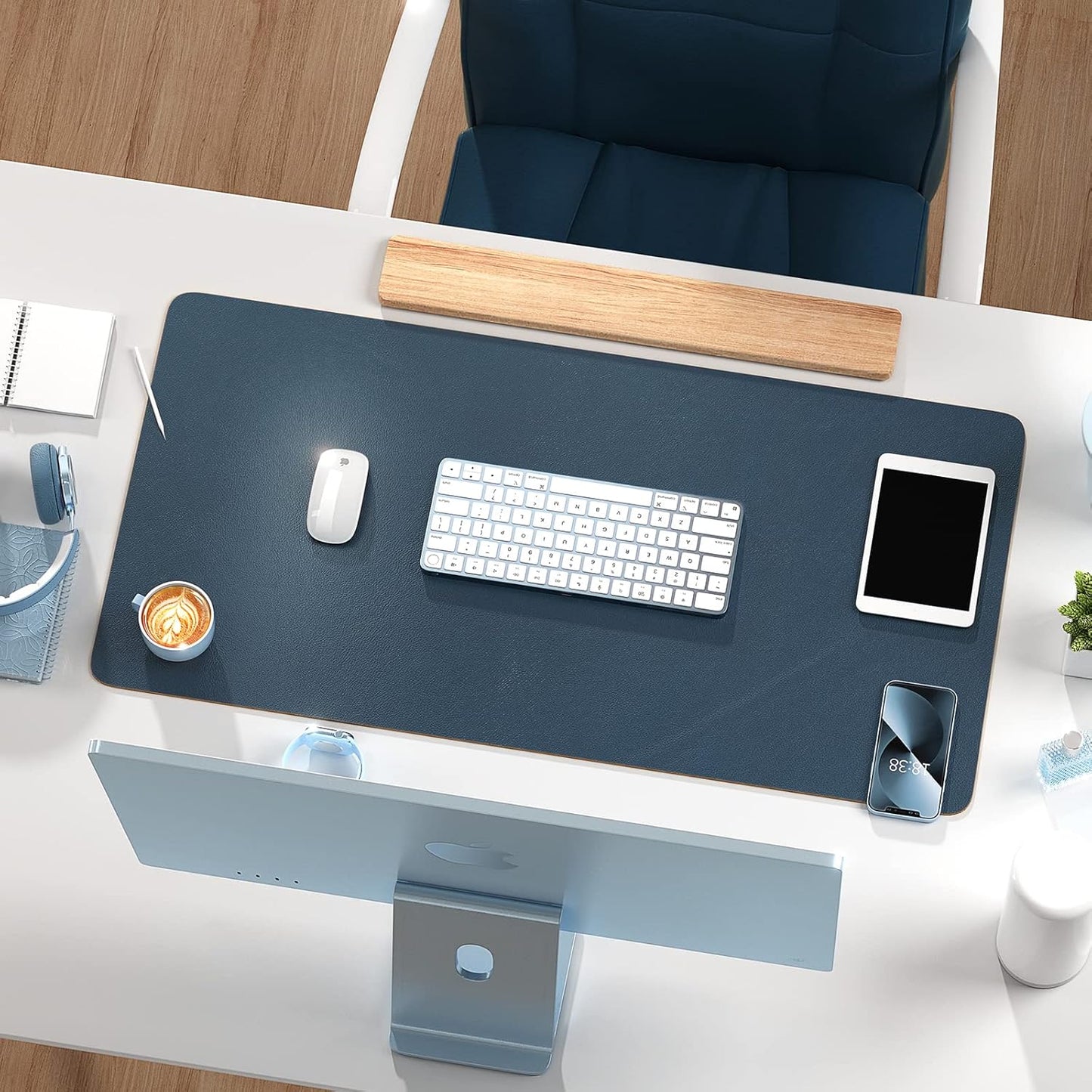 Non Slip Desk Mat, 35.4" X 15.7" PU Leather Desk Protector, Waterproof Large Mouse Pad, Desk Mat for Desktop, Desk Pad for Keyboard and Mouse, Office and Home, Blue X Yellow