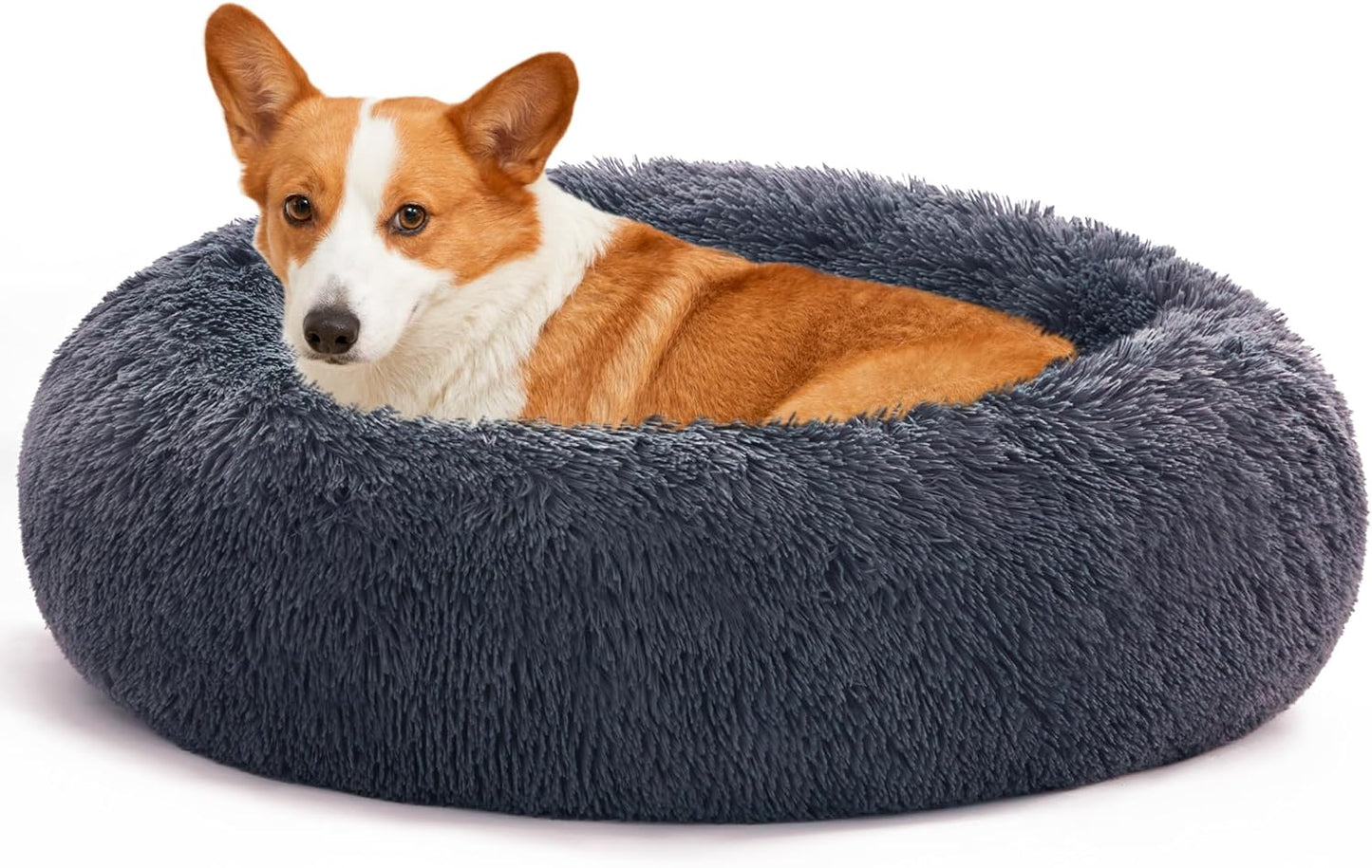 Calming Cat Bed for Indoor Cats,Anti-Anxiety Donut round Dog Bed,Fluffy Faux Fur Washable Pet Bed for Small Medium Dogs and Cats,Taupe,24In