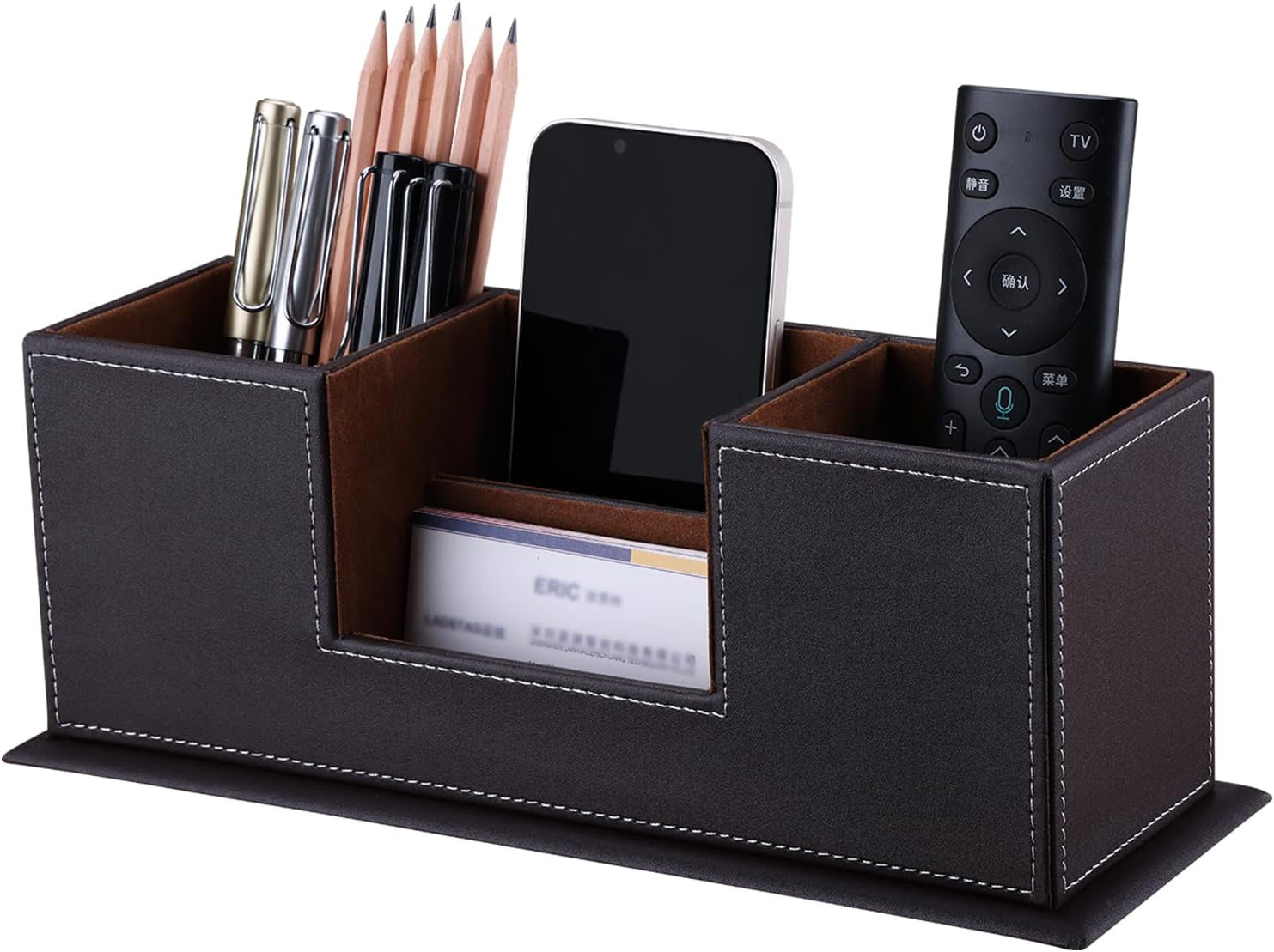 ™ Double Holder Wood Leather Multi-Function Desk Stationery Organizer Dark Brown