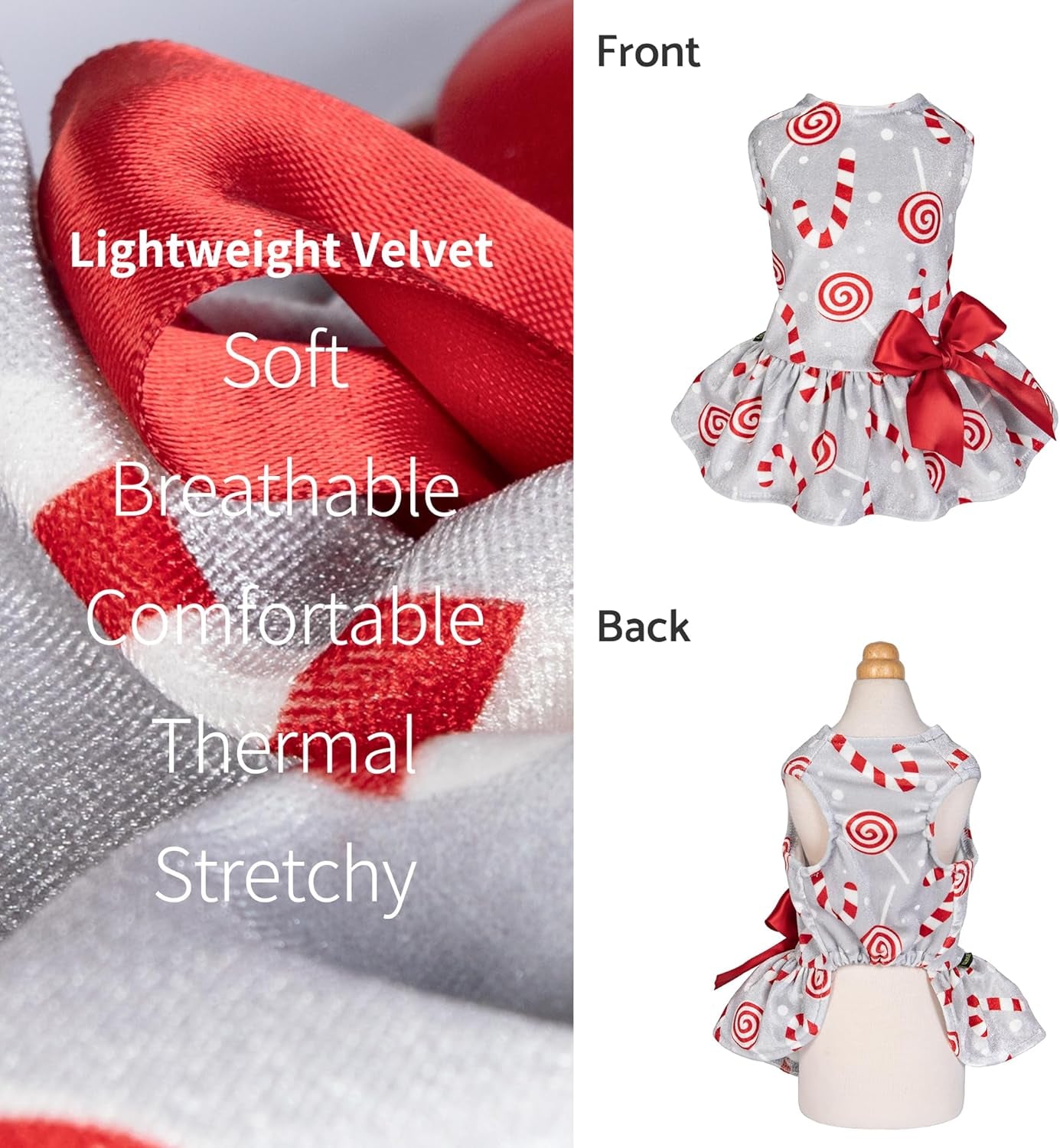 Christmas Candy Canes Dog Dress, Cute Dog Christmas Outfit, Doggy Clothes for Small Dogs Girl, Pet Apparel, Silver, Red, White, XXS