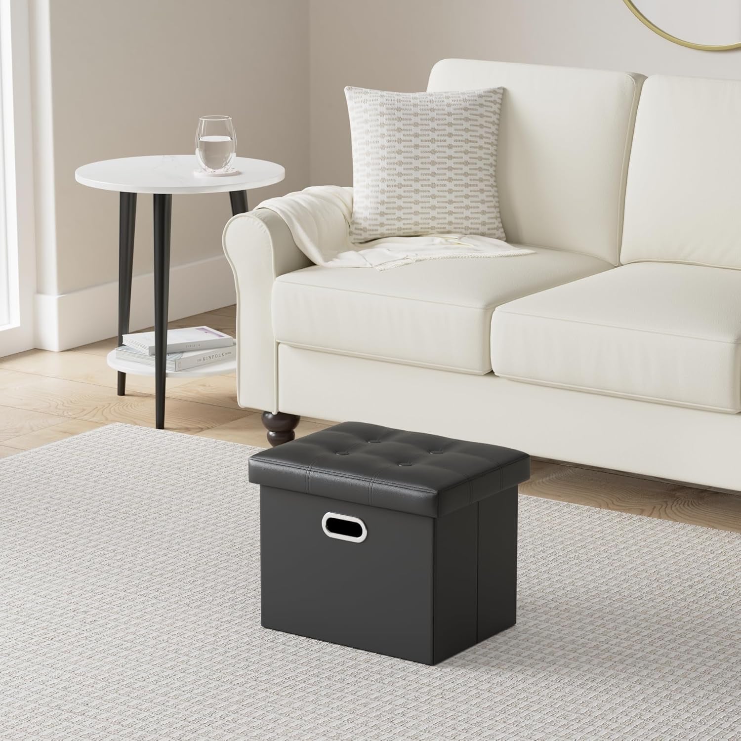 Ottoman with Storage Folding Leather Ottoman Footrest Foot Stool Black Ottoman for Room Small Rectangle Collapsible Bench Furniture with Handles Lid Toy Chest 17X13X13In